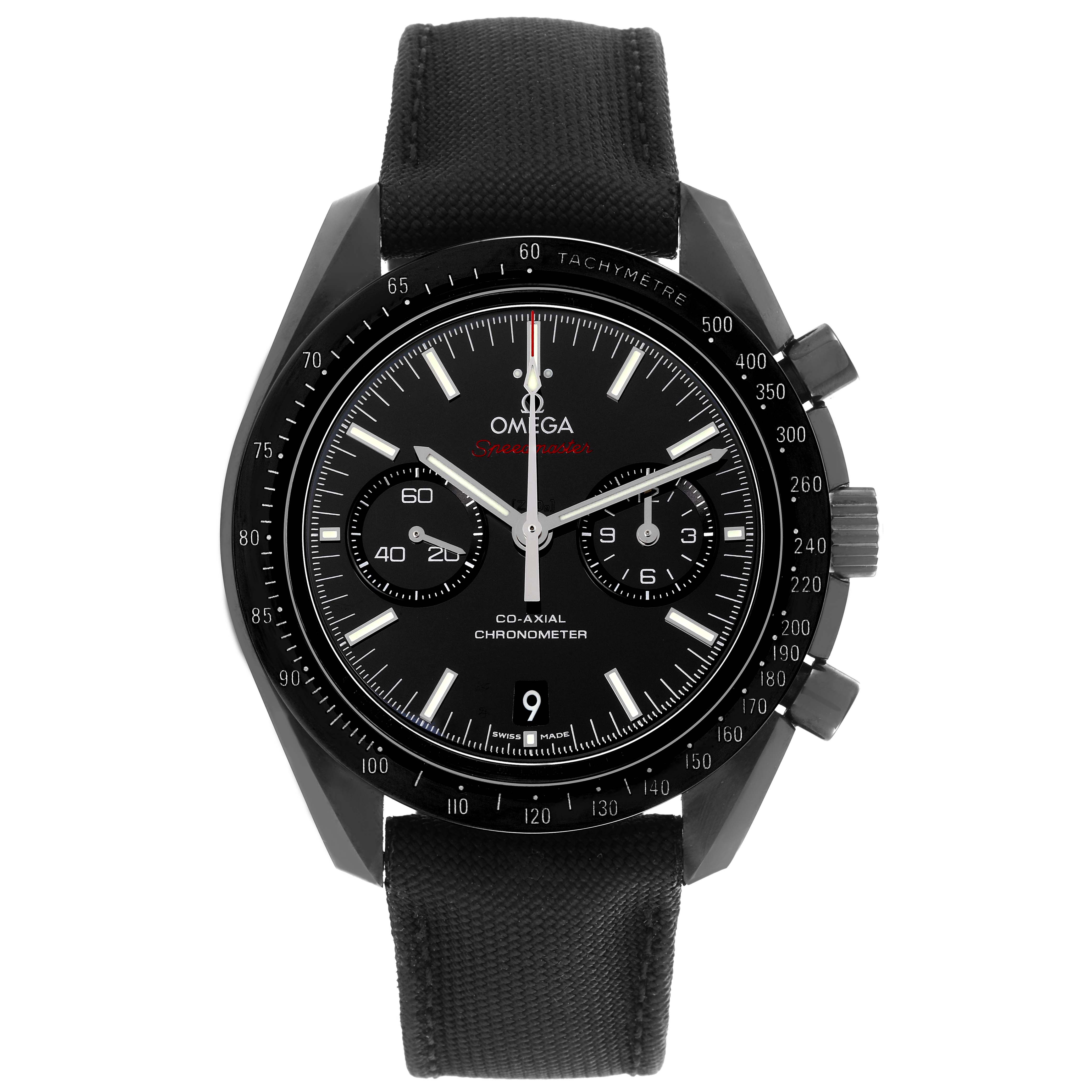 The Omega Speedmaster 311.92.44.51.01.003 Men's Ceramic Black Dial 311.92.44.51.01.003 Men's Ceramic Black Dial watch is shown from the front, displaying the dial, tachymeter bezel, and pushers.