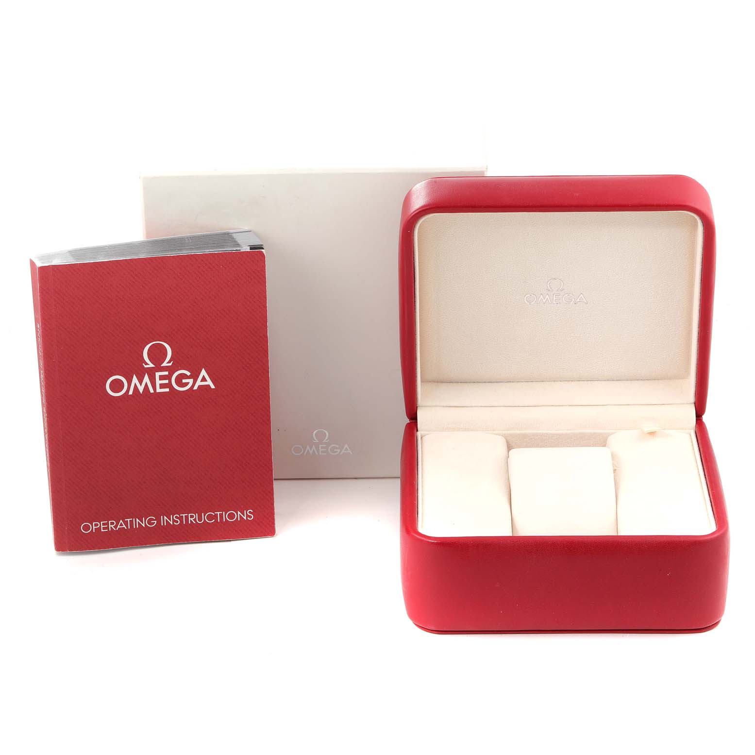 The image shows an Omega Speedmaster 3210.51.00 Men
s Stainless Steel Black Dial 3210.51.00 Men
s Stainless Steel Black Dial watch box, an operating instructions booklet, and an outer box, all from a front angle.