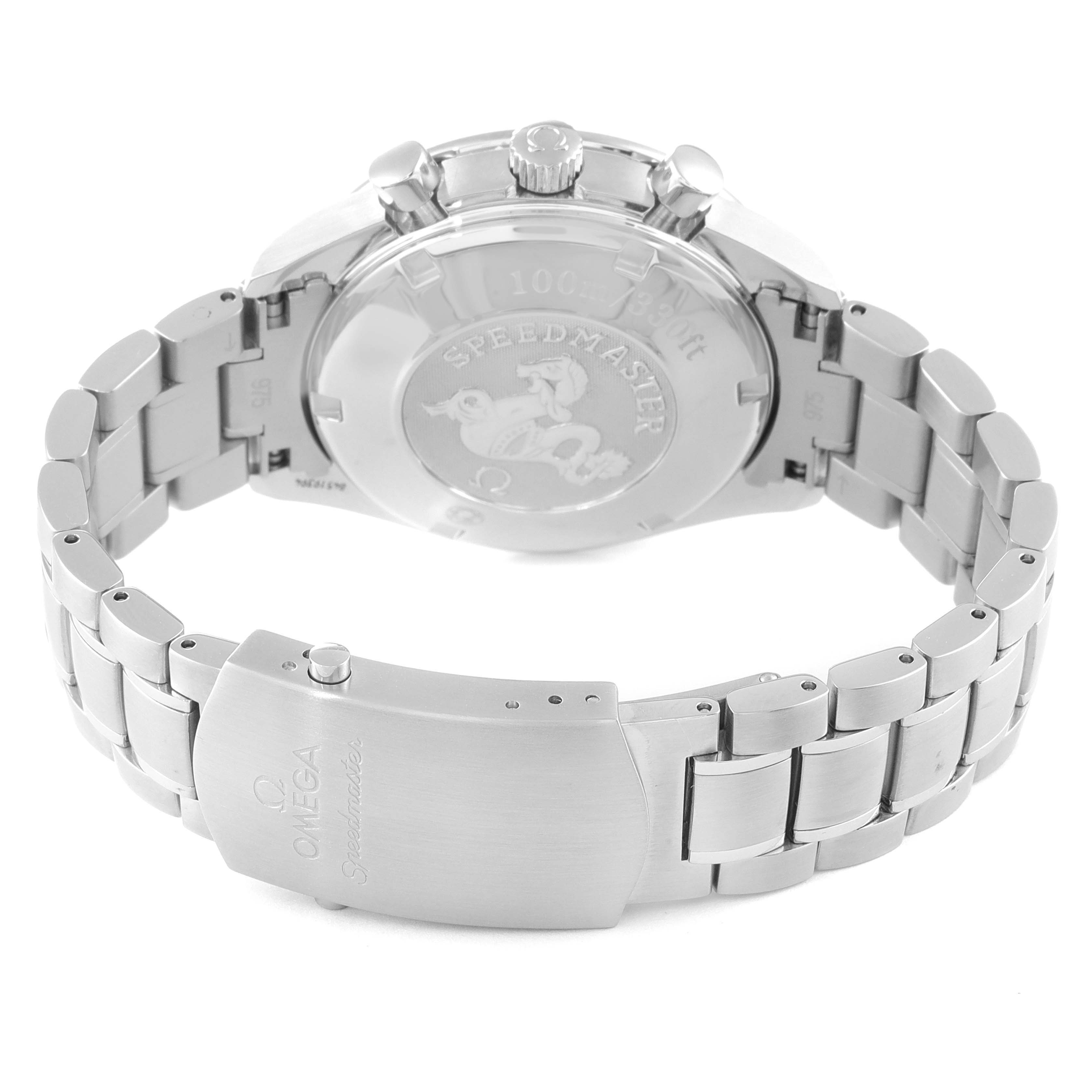 The image shows the back case and clasp of an Omega Speedmaster 3210.51.00 Men
s Stainless Steel Black Dial 3210.51.00 Men
s Stainless Steel Black Dial watch, highlighting the bracelet and engraved details.