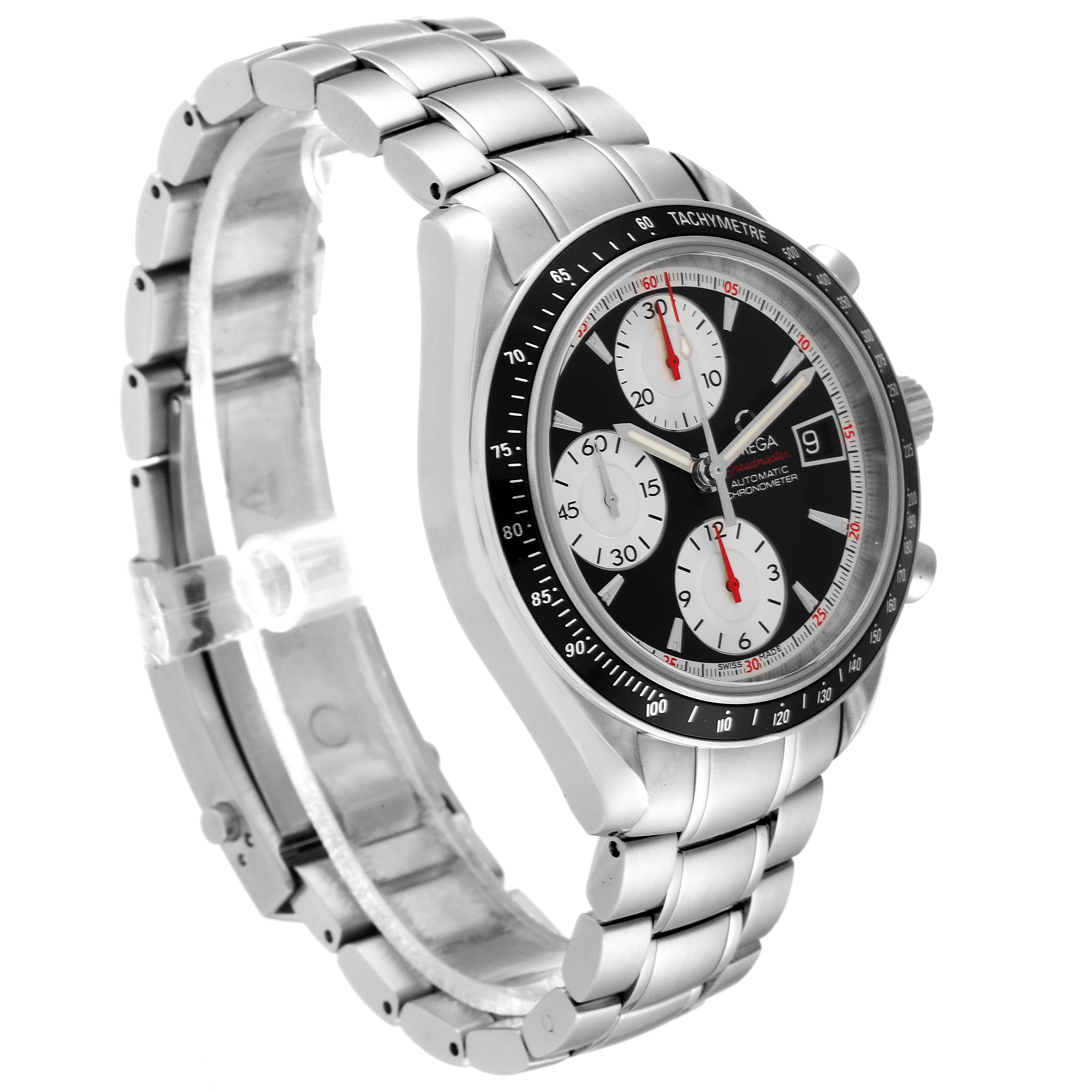 The Omega Speedmaster 3210.51.00 Men
s Stainless Steel Black Dial 3210.51.00 Men
s Stainless Steel Black Dial watch is shown from a slightly angled top-side view, highlighting the dial, bezel, and bracelet.