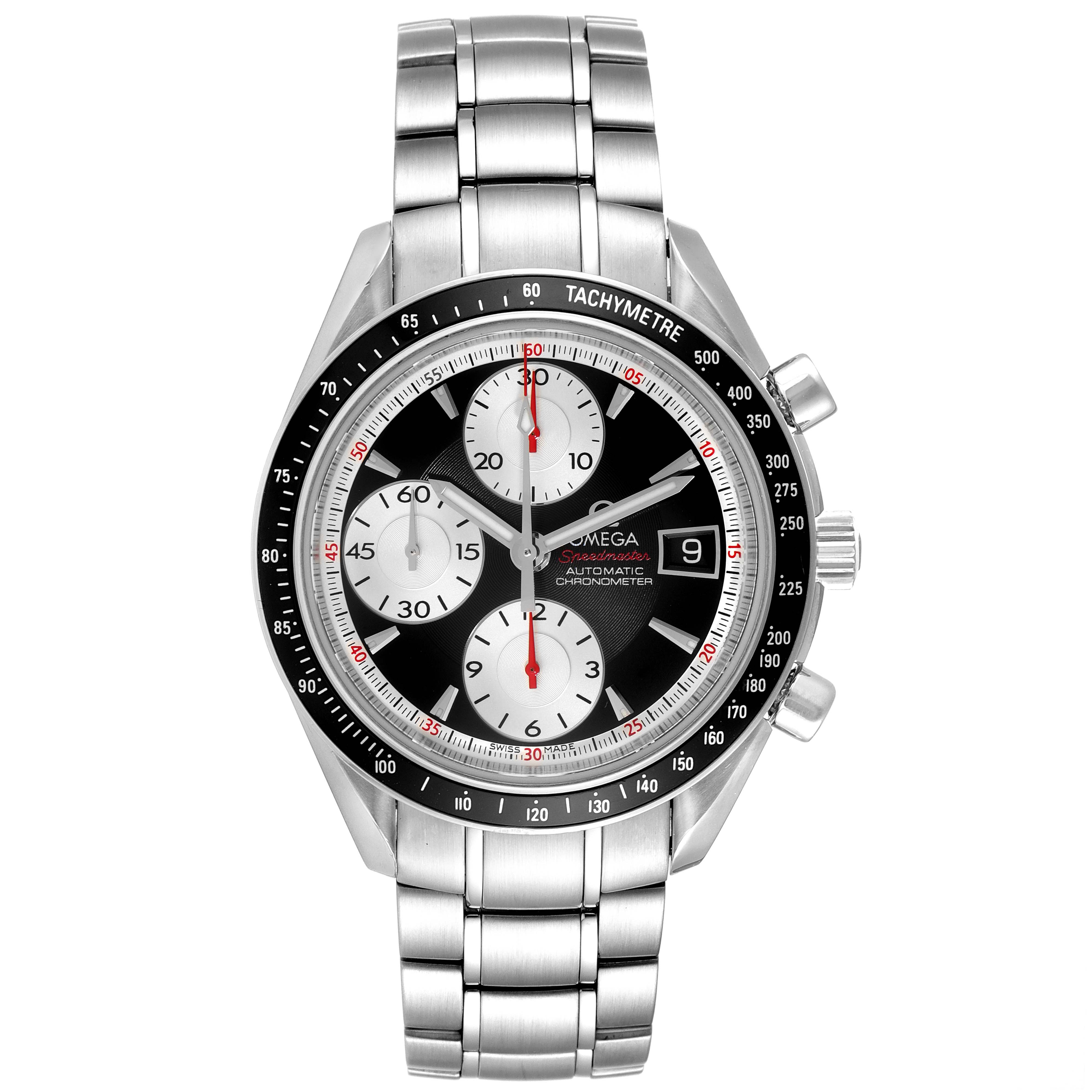 The image shows a front view of the Omega Speedmaster 3210.51.00 Men
s Stainless Steel Black Dial 3210.51.00 Men
s Stainless Steel Black Dial watch, highlighting its dial, chronograph subdials, tachymeter bezel, and stainless steel bracelet.