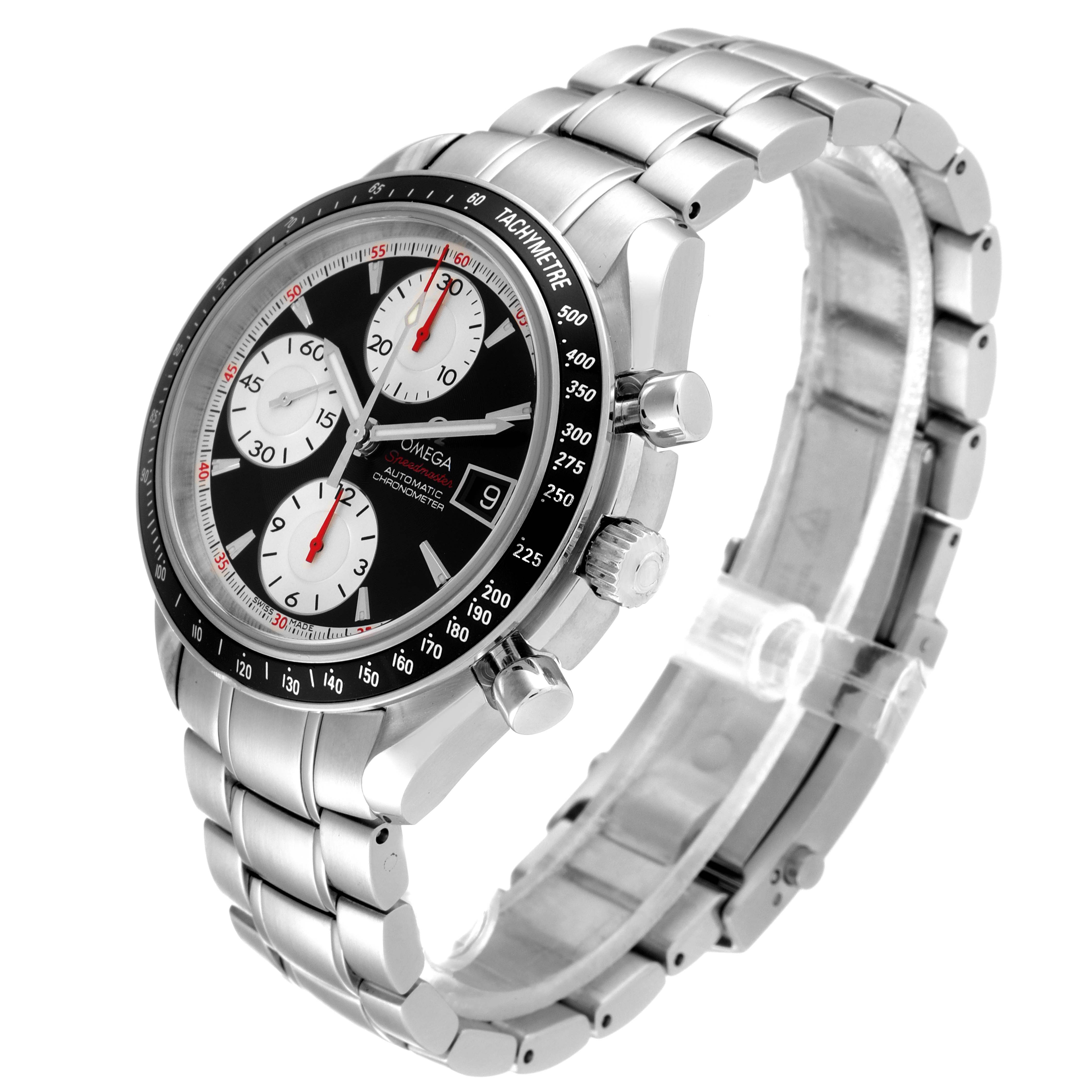 The image shows an Omega Speedmaster 3210.51.00 Men
s Stainless Steel Black Dial 3210.51.00 Men
s Stainless Steel Black Dial watch from a three-quarter angle highlighting the face, bezel, crown, pushers, and bracelet.