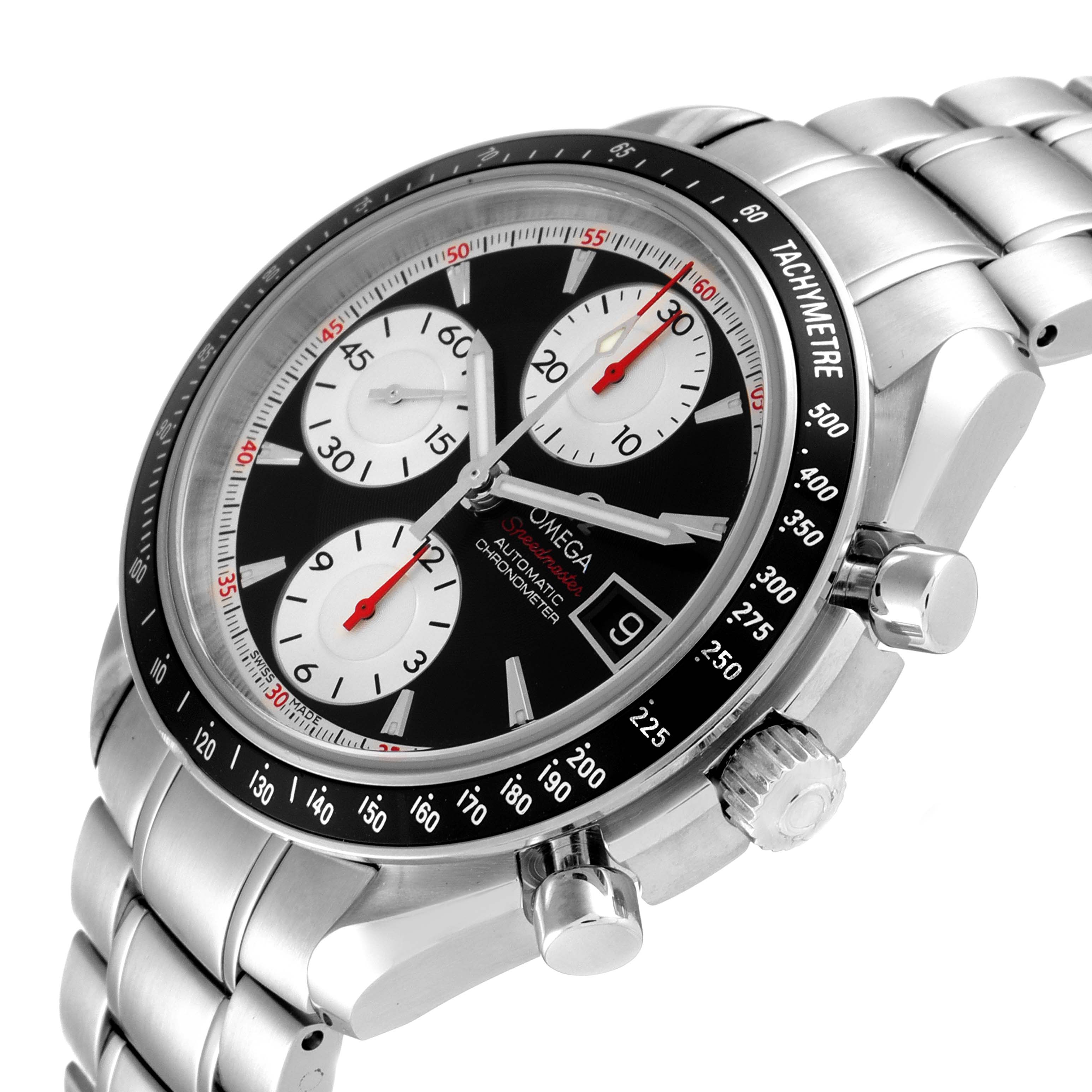 The image shows an Omega Speedmaster 3210.51.00 Men
s Stainless Steel Black Dial 3210.51.00 Men
s Stainless Steel Black Dial watch at an angled view, highlighting the dial, subdials, tachymeter bezel, crown, and bracelet.