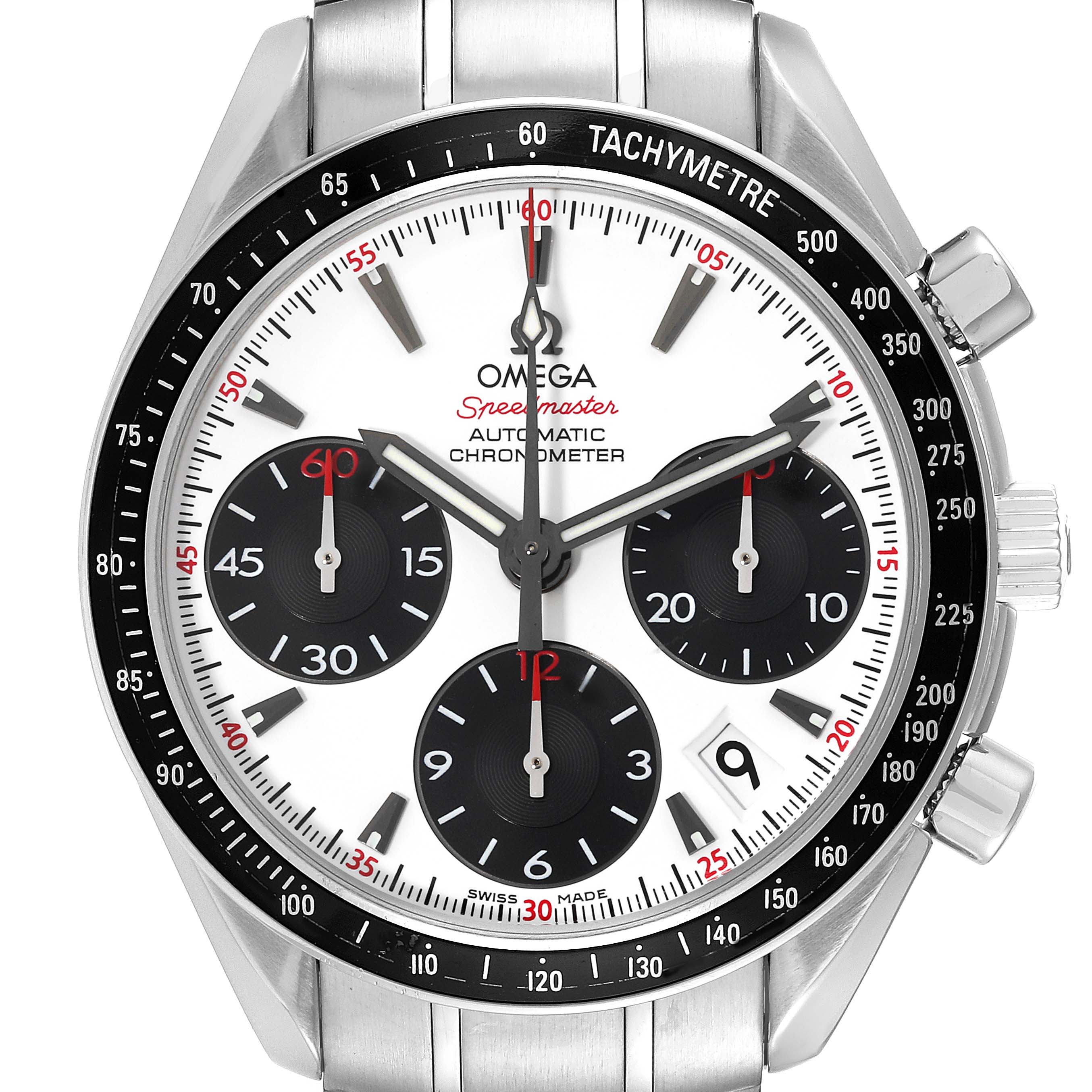 Front view of an Omega Speedmaster 323.30.40.40.04.001 Men
s Stainless Steel White Dial 323.30.40.40.04.001 Men
s Stainless Steel White Dial watch, showcasing the dial, bezel, and chronograph subdials.