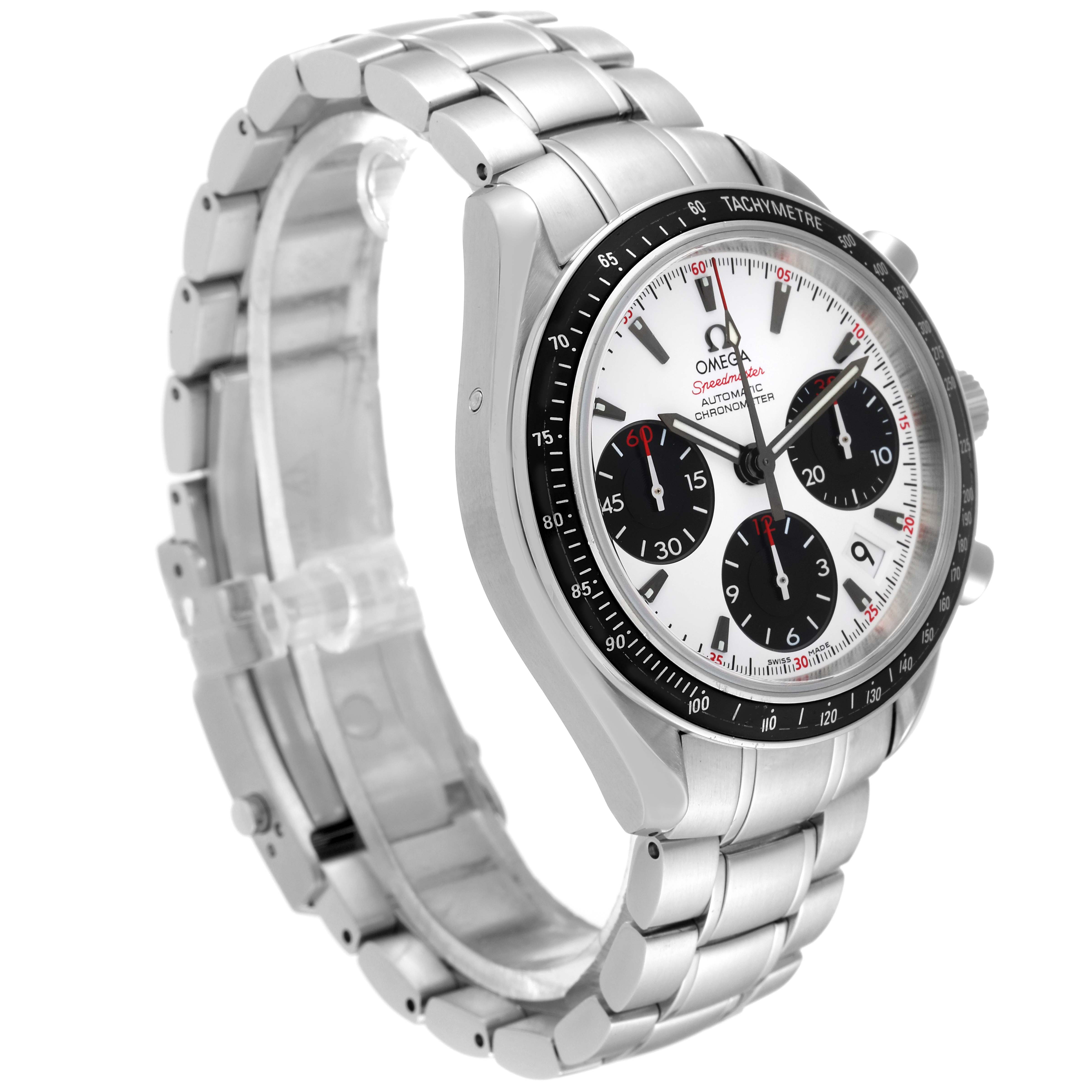 The image shows an angled view of an Omega Speedmaster 323.30.40.40.04.001 Men
s Stainless Steel White Dial 323.30.40.40.04.001 Men
s Stainless Steel White Dial watch, highlighting the dial, bezel, and stainless steel bracelet.
