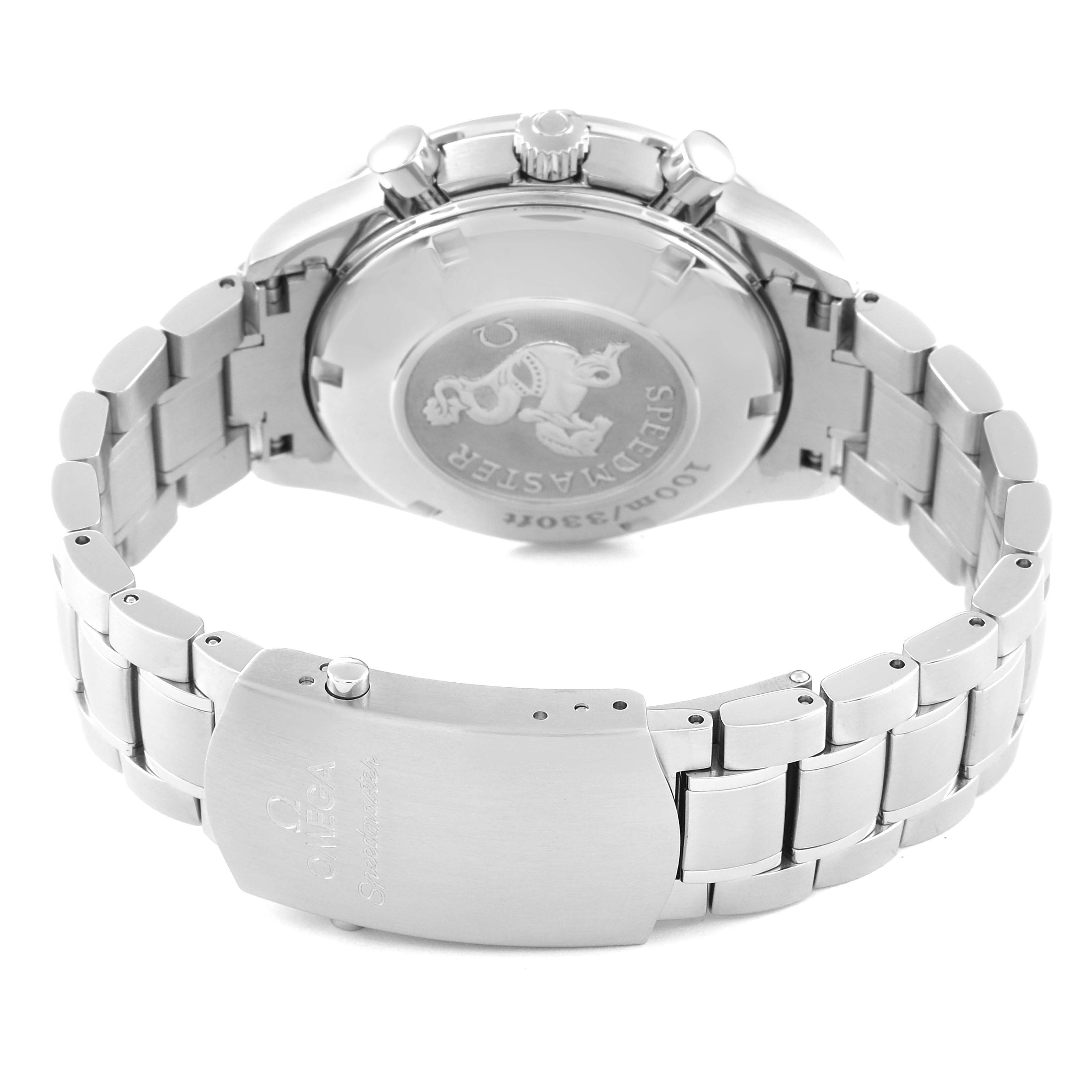 This image shows the back view of an Omega Speedmaster 323.30.40.40.04.001 Men
s Stainless Steel White Dial 323.30.40.40.04.001 Men
s Stainless Steel White Dial watch, including the bracelet, clasp, and engraved case back.
