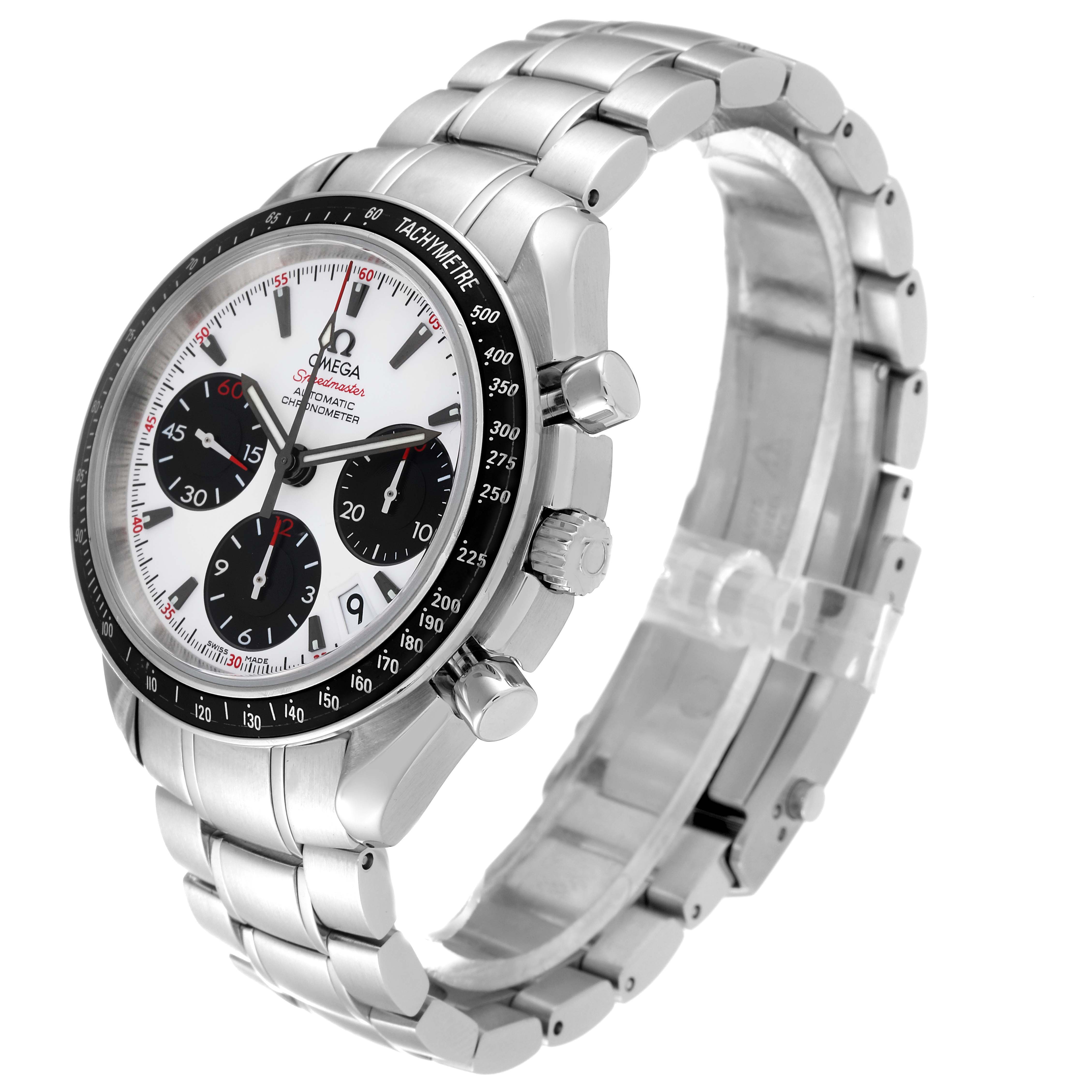 The image shows an angled view of an Omega Speedmaster 323.30.40.40.04.001 Men
s Stainless Steel White Dial 323.30.40.40.04.001 Men
s Stainless Steel White Dial watch, with a detailed look at the face, bezel, pushers, and bracelet.