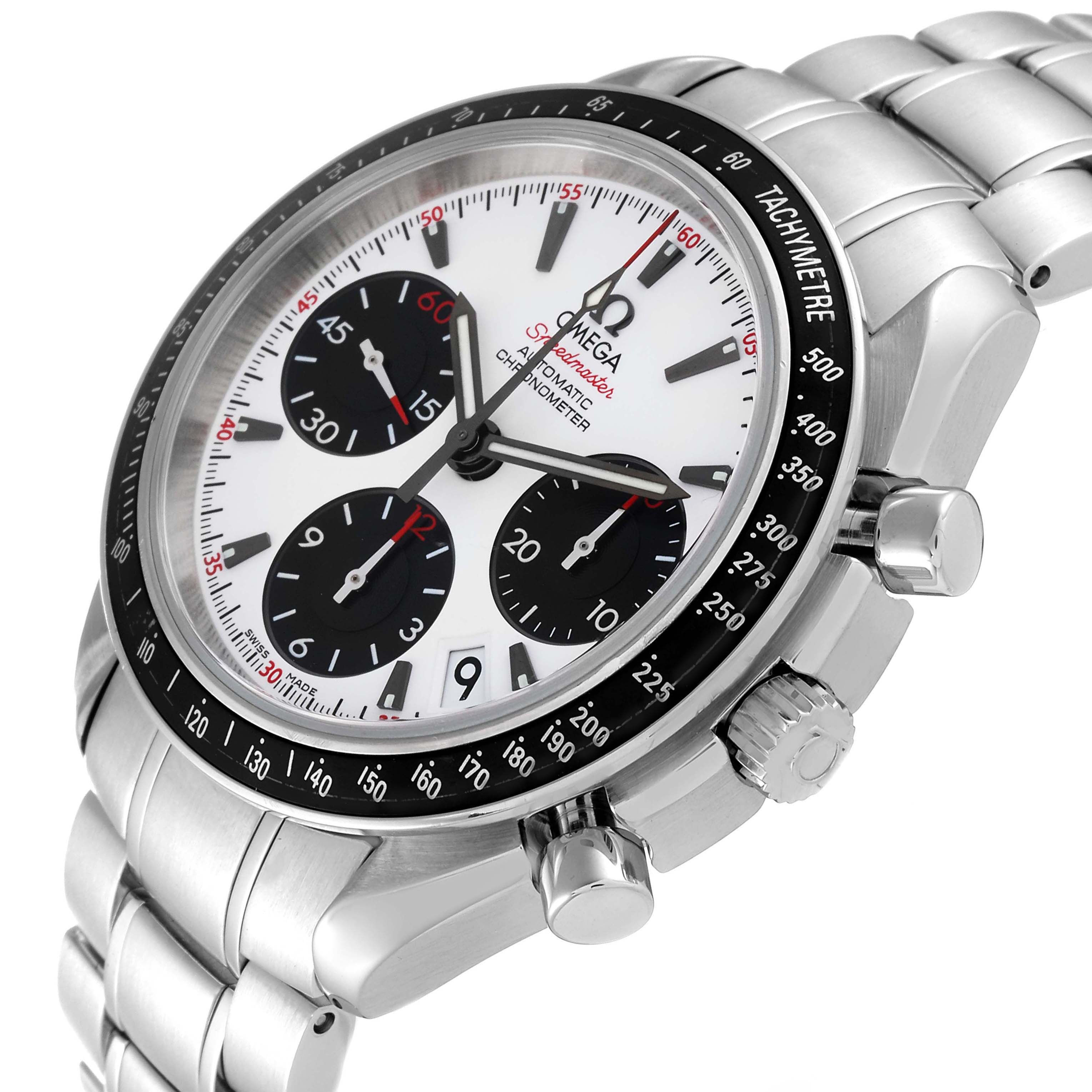 This image shows a close-up angled view of the Omega Speedmaster 323.30.40.40.04.001 Men
s Stainless Steel White Dial 323.30.40.40.04.001 Men
s Stainless Steel White Dial watch, displaying the face, bezel, pushers, and part of the bracelet.