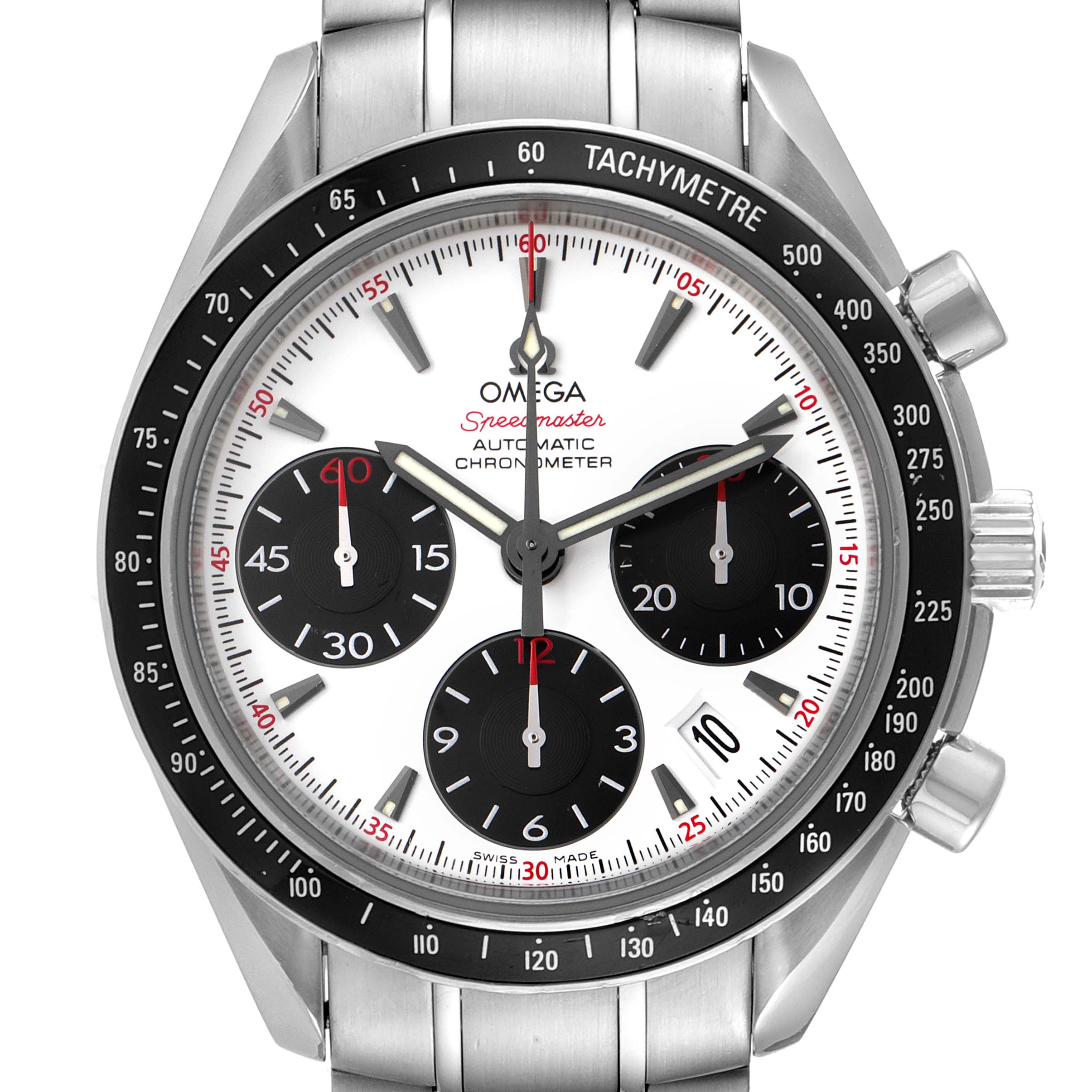 The image shows a front view of an Omega Speedmaster 323.30.40.40.04.001 Men's Stainless Steel White Dial 323.30.40.40.04.001 Men's Stainless Steel White Dial watch, highlighting its dial, sub-dials, tachymeter bezel, and bracelet.