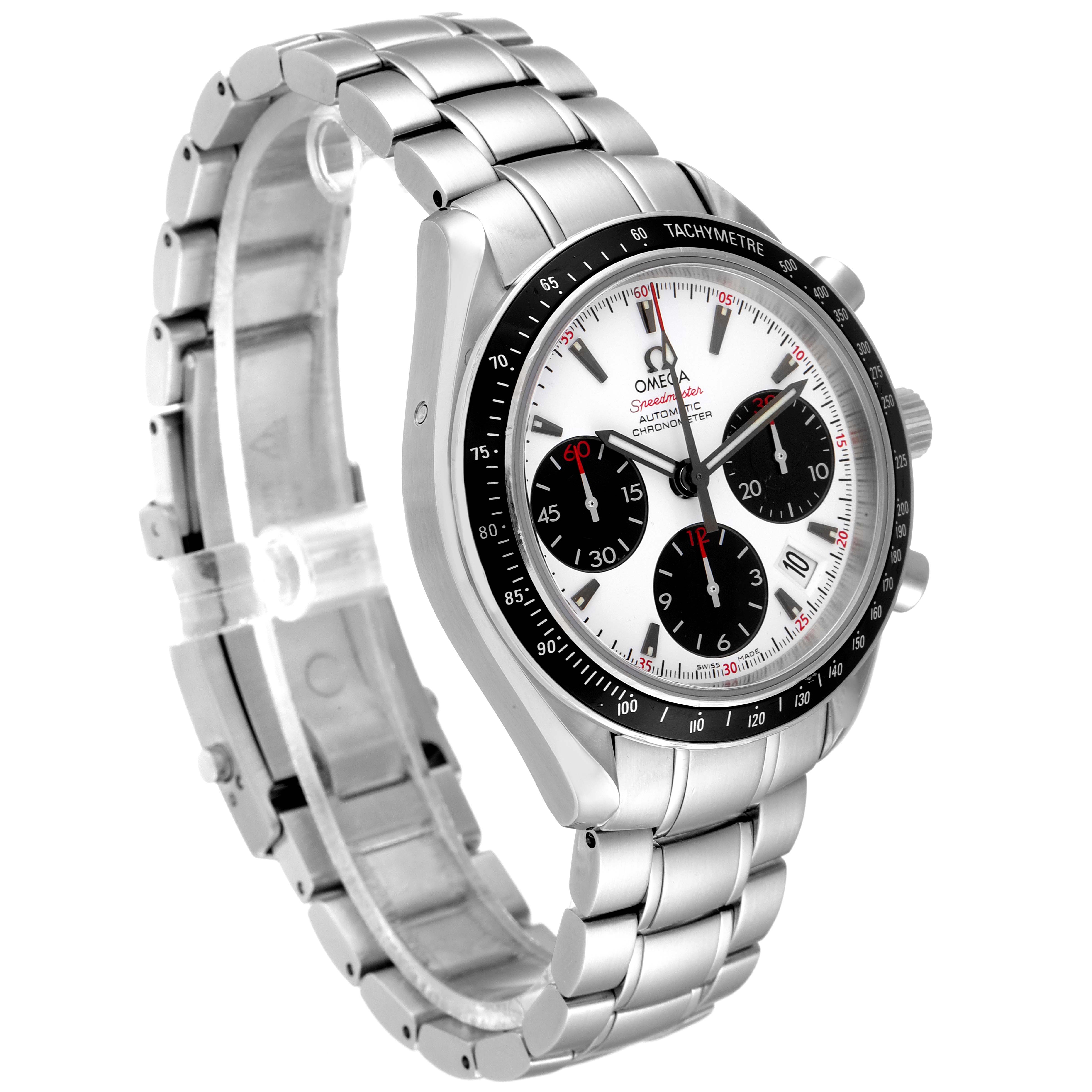 The Omega Speedmaster 323.30.40.40.04.001 Men's Stainless Steel White Dial 323.30.40.40.04.001 Men's Stainless Steel White Dial watch is shown at a three-quarter angle highlighting the face, bezel, and stainless steel bracelet.
