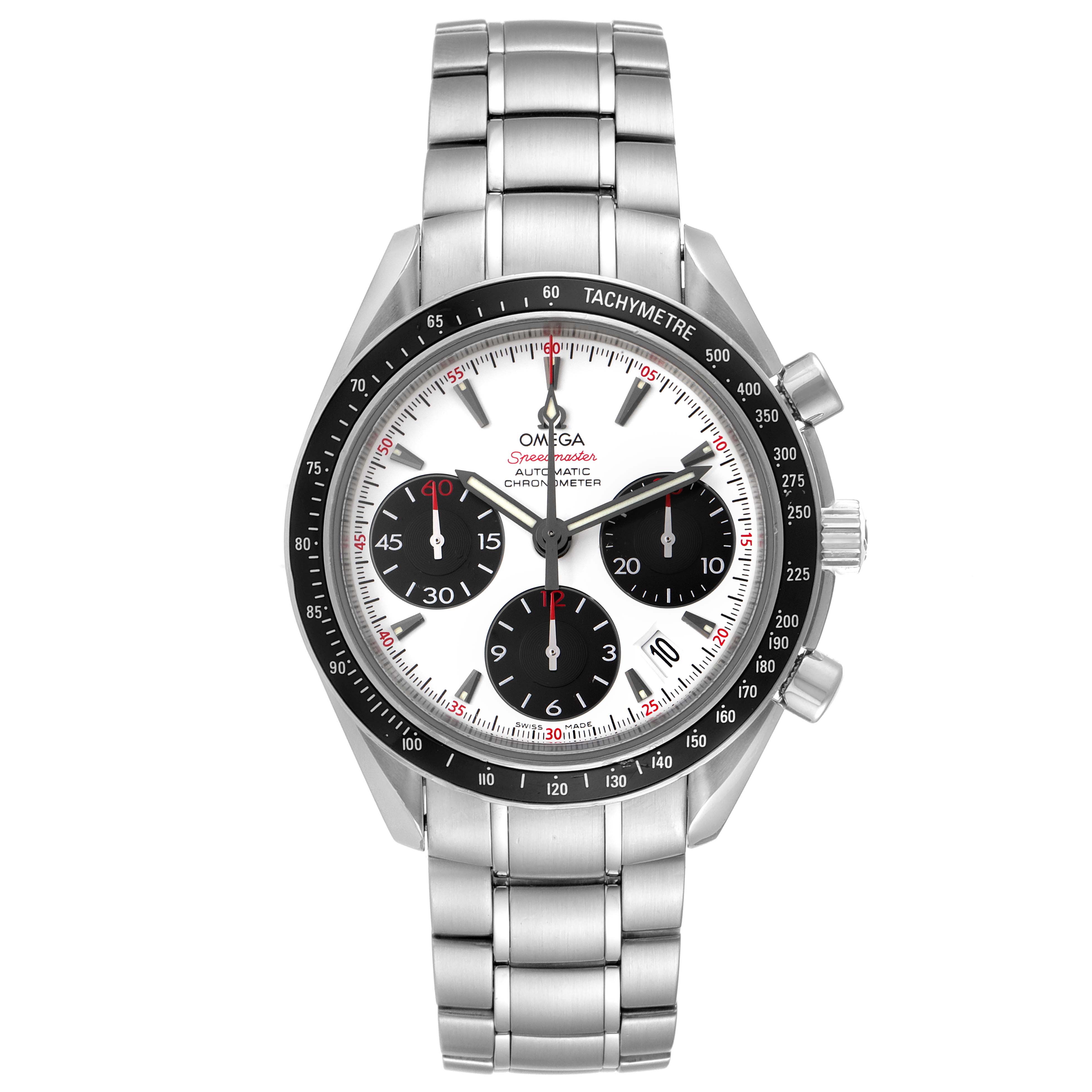 The image shows a frontal view of an Omega Speedmaster 323.30.40.40.04.001 Men's Stainless Steel White Dial 323.30.40.40.04.001 Men's Stainless Steel White Dial watch with a stainless steel bracelet, tachymeter bezel, and three subdials.