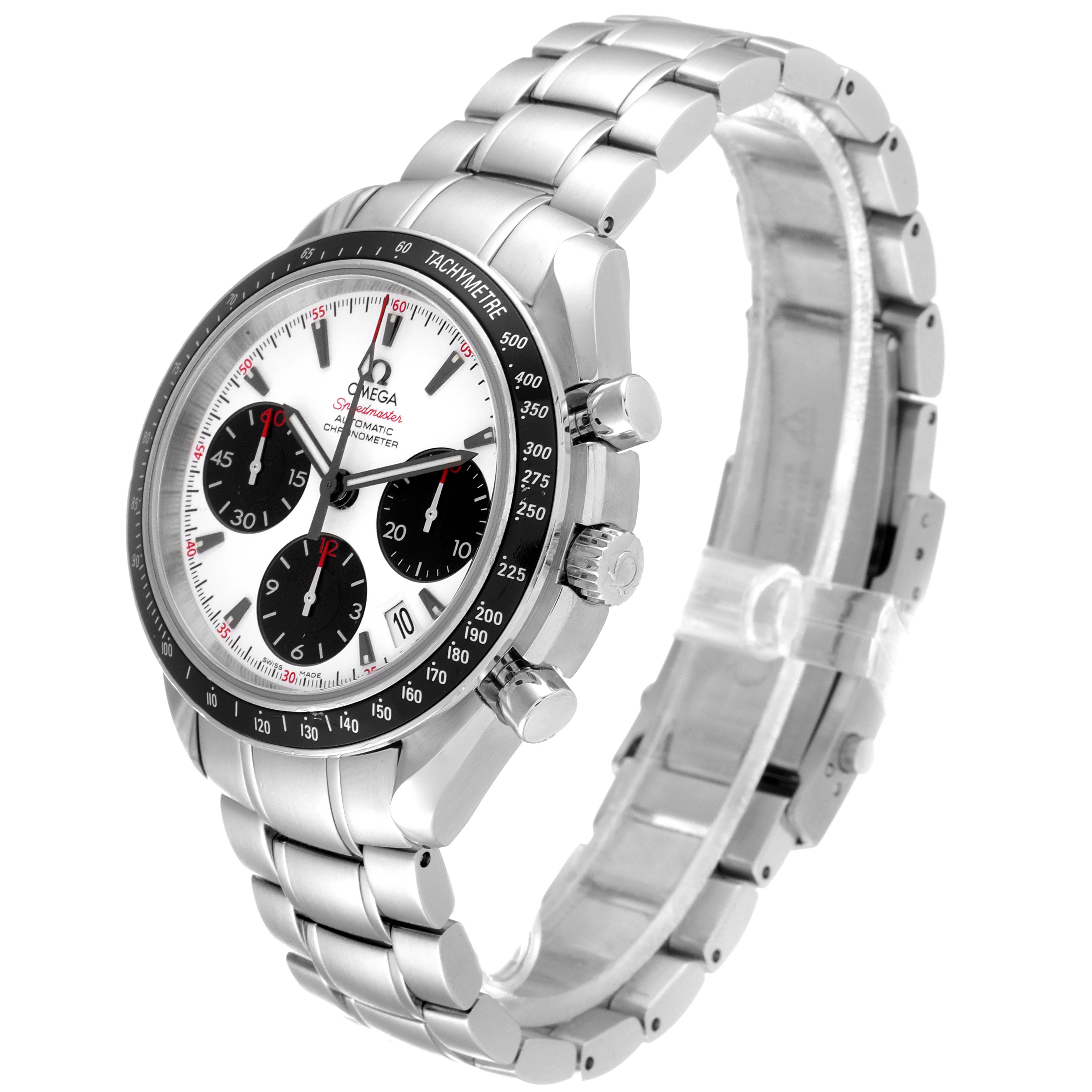 The Omega Speedmaster 323.30.40.40.04.001 Men's Stainless Steel White Dial 323.30.40.40.04.001 Men's Stainless Steel White Dial watch is shown at a slight angle, highlighting the dial, subdials, bezel, and metal bracelet.