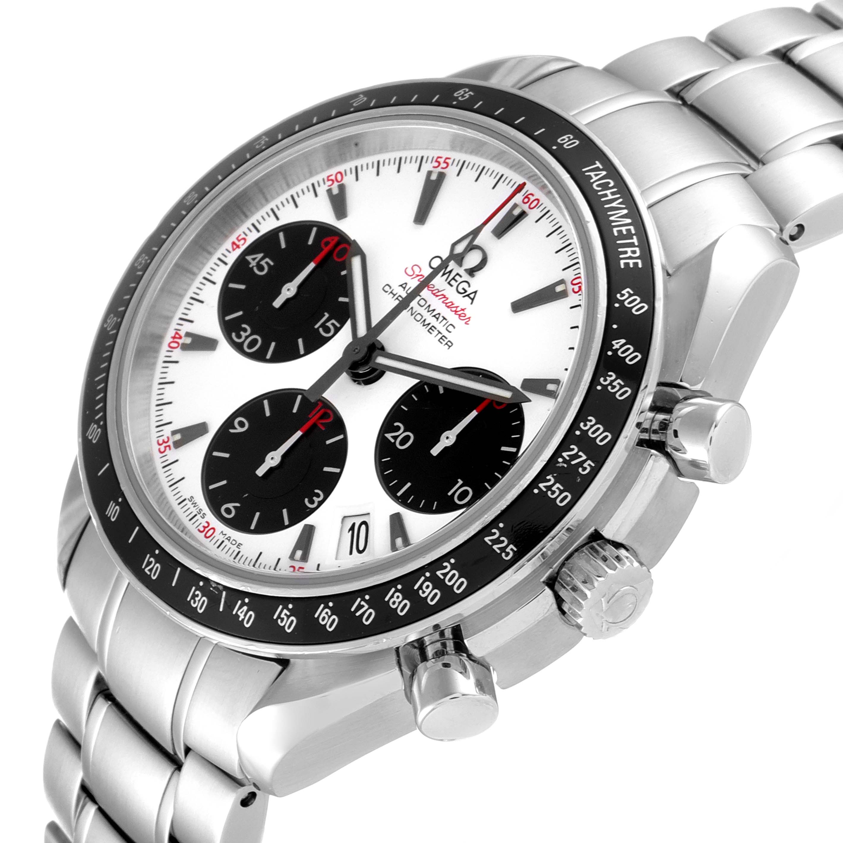 The image shows an angled view of an Omega Speedmaster 323.30.40.40.04.001 Men's Stainless Steel White Dial 323.30.40.40.04.001 Men's Stainless Steel White Dial watch, displaying the dial, bezel, pushers, and part of the bracelet.