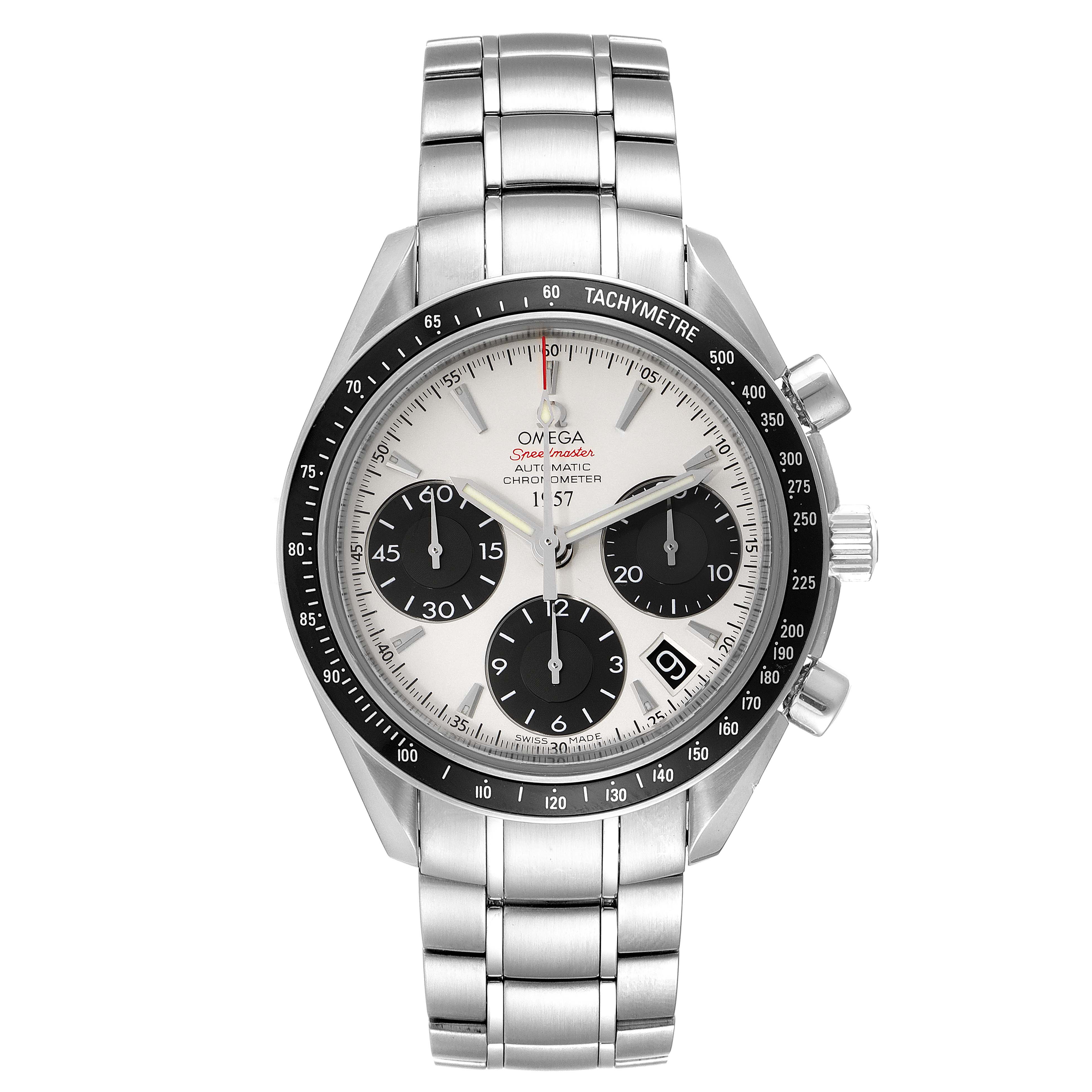 The image shows a front view of the Omega Speedmaster 323.30.40.40.02.001 Men
s Stainless Steel White Dial 323.30.40.40.02.001 Men
s Stainless Steel White Dial watch, displaying its dial, tachymeter bezel, and metal bracelet.