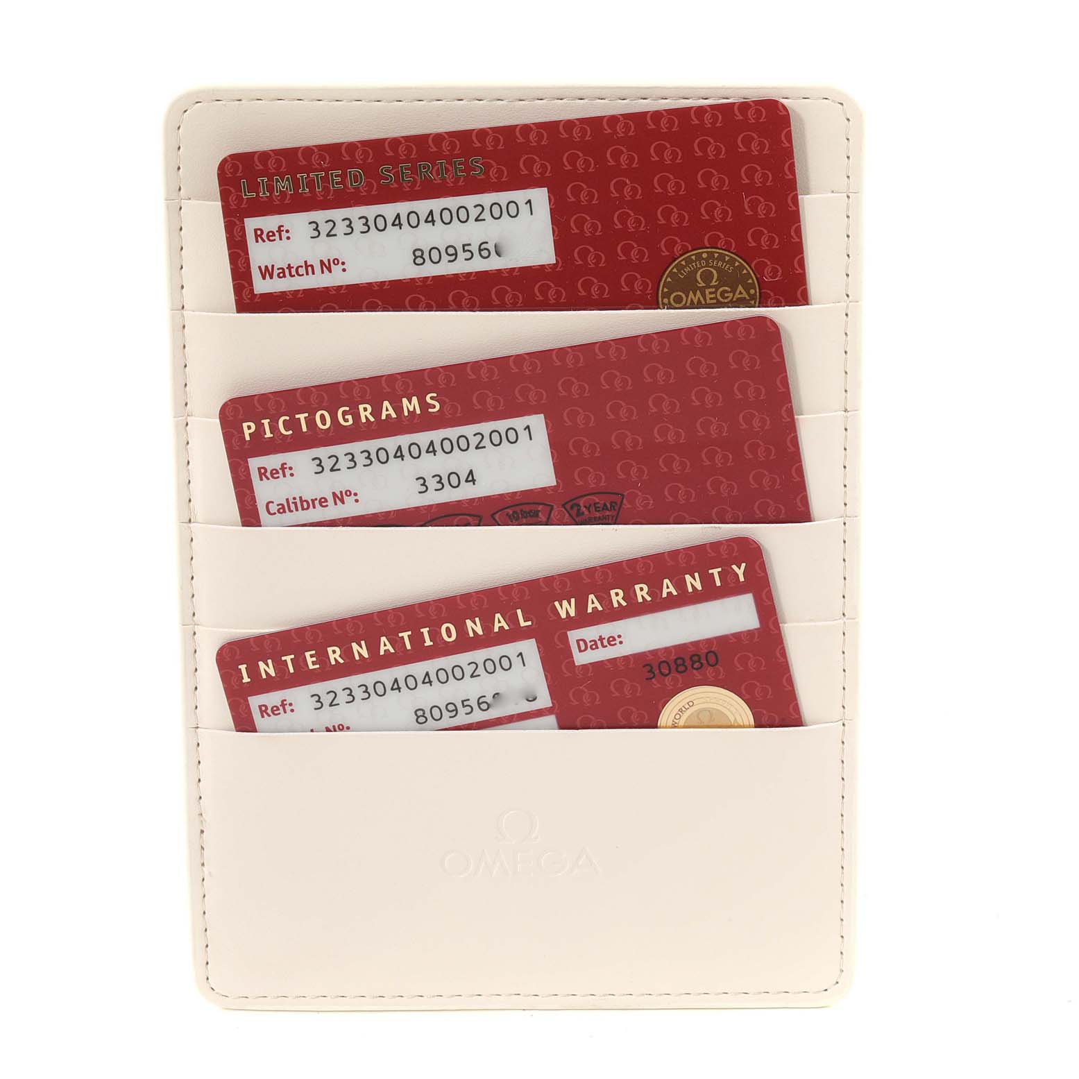 Displayed are a Limited Series, Pictograms, and International Warranty cards for an Omega Speedmaster 323.30.40.40.02.001 Men
s Stainless Steel White Dial 323.30.40.40.02.001 Men
s Stainless Steel White Dial.