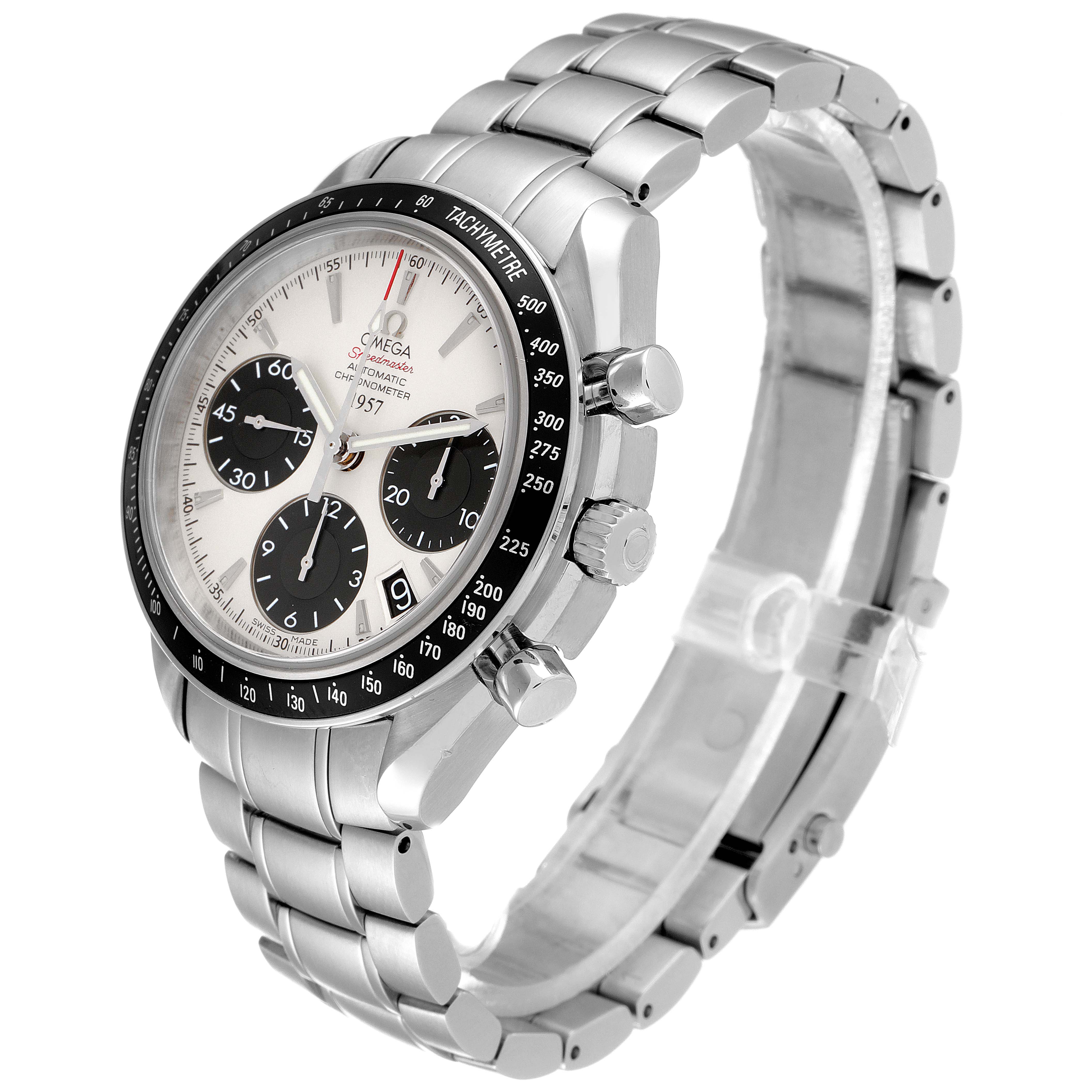 The Omega Speedmaster 323.30.40.40.02.001 Men
s Stainless Steel White Dial 323.30.40.40.02.001 Men
s Stainless Steel White Dial watch is shown at a three-quarter angle, highlighting its dial, tachymeter bezel, crown, pushers, and bracelet.