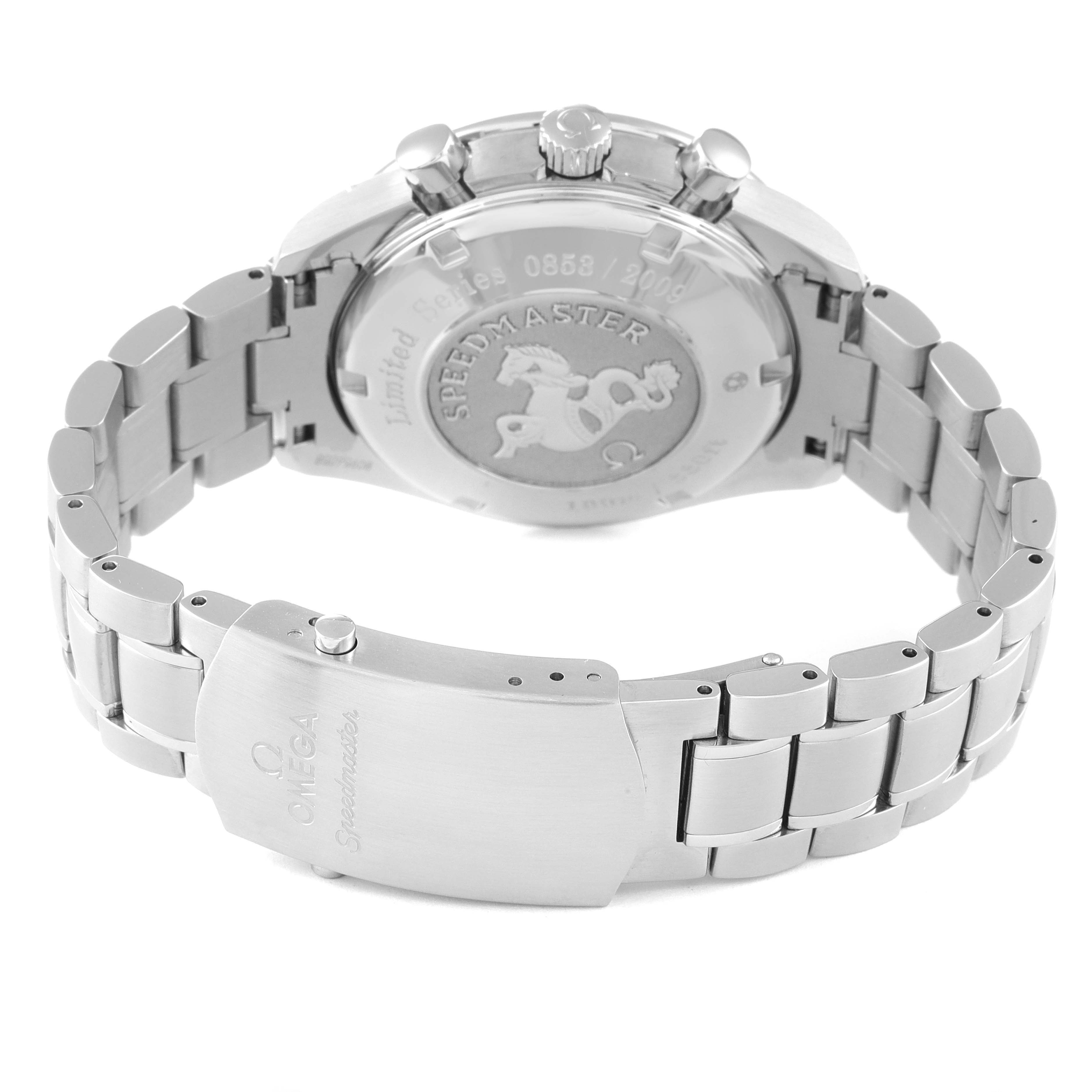 This image shows the back view of an Omega Speedmaster 323.30.40.40.02.001 Men
s Stainless Steel White Dial 323.30.40.40.02.001 Men
s Stainless Steel White Dial watch, highlighting the case back and metal bracelet with the clasp.