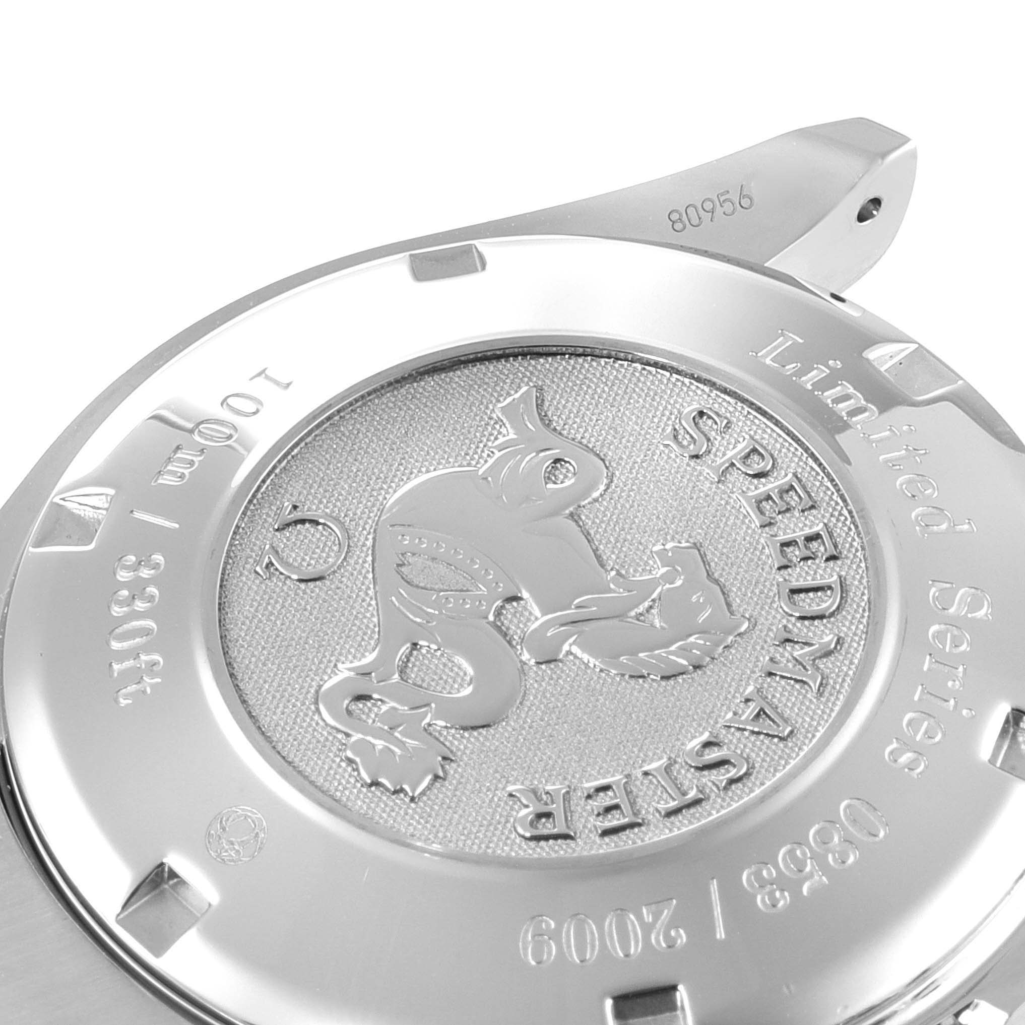 This image shows the back case of the Omega Speedmaster 323.30.40.40.02.001 Men
s Stainless Steel White Dial 323.30.40.40.02.001 Men
s Stainless Steel White Dial watch, highlighting its engravings and limited series marking.