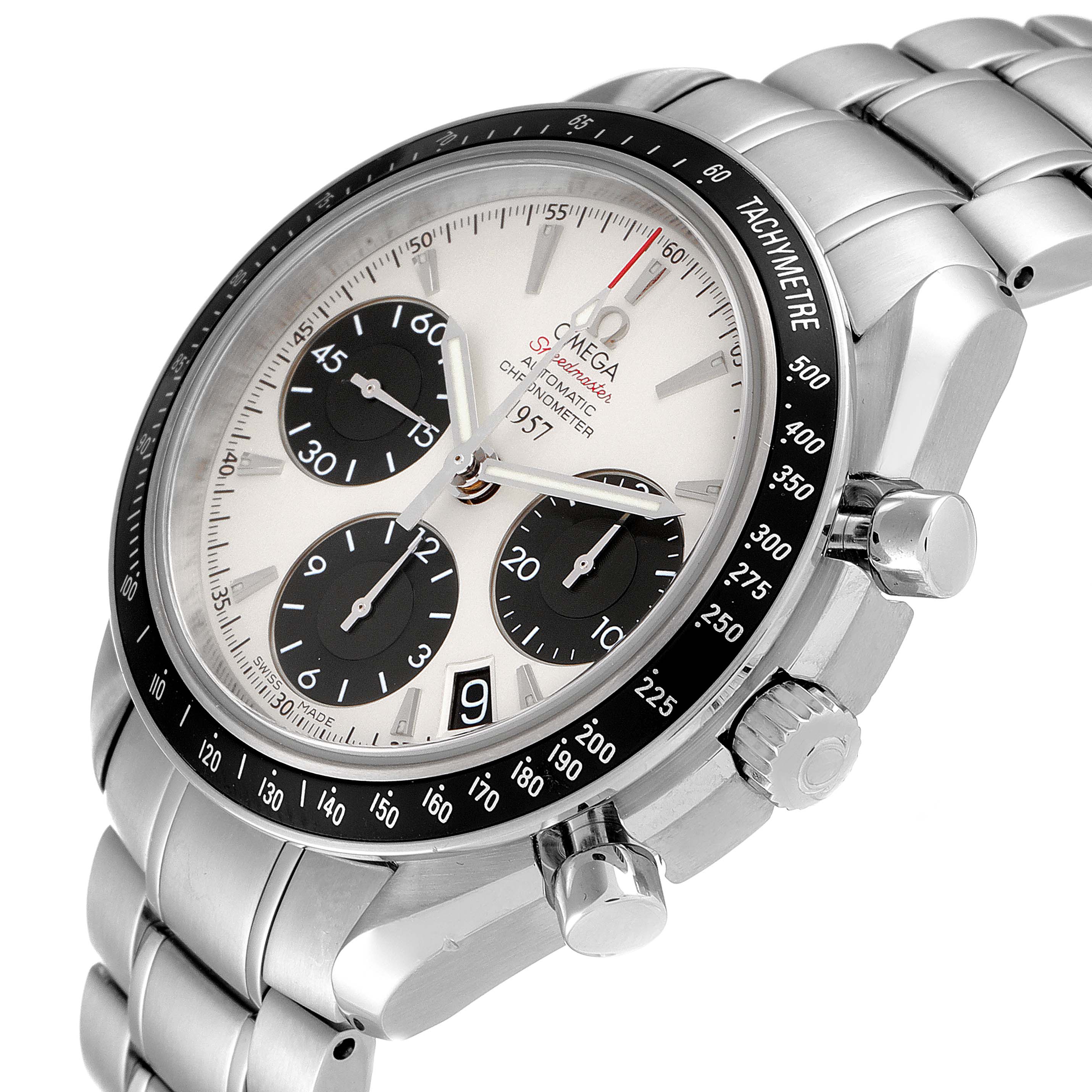 The Omega Speedmaster 323.30.40.40.02.001 Men
s Stainless Steel White Dial 323.30.40.40.02.001 Men
s Stainless Steel White Dial watch is shown at a three-quarter angle, highlighting its face, bezel, dial, pushers, and bracelet.