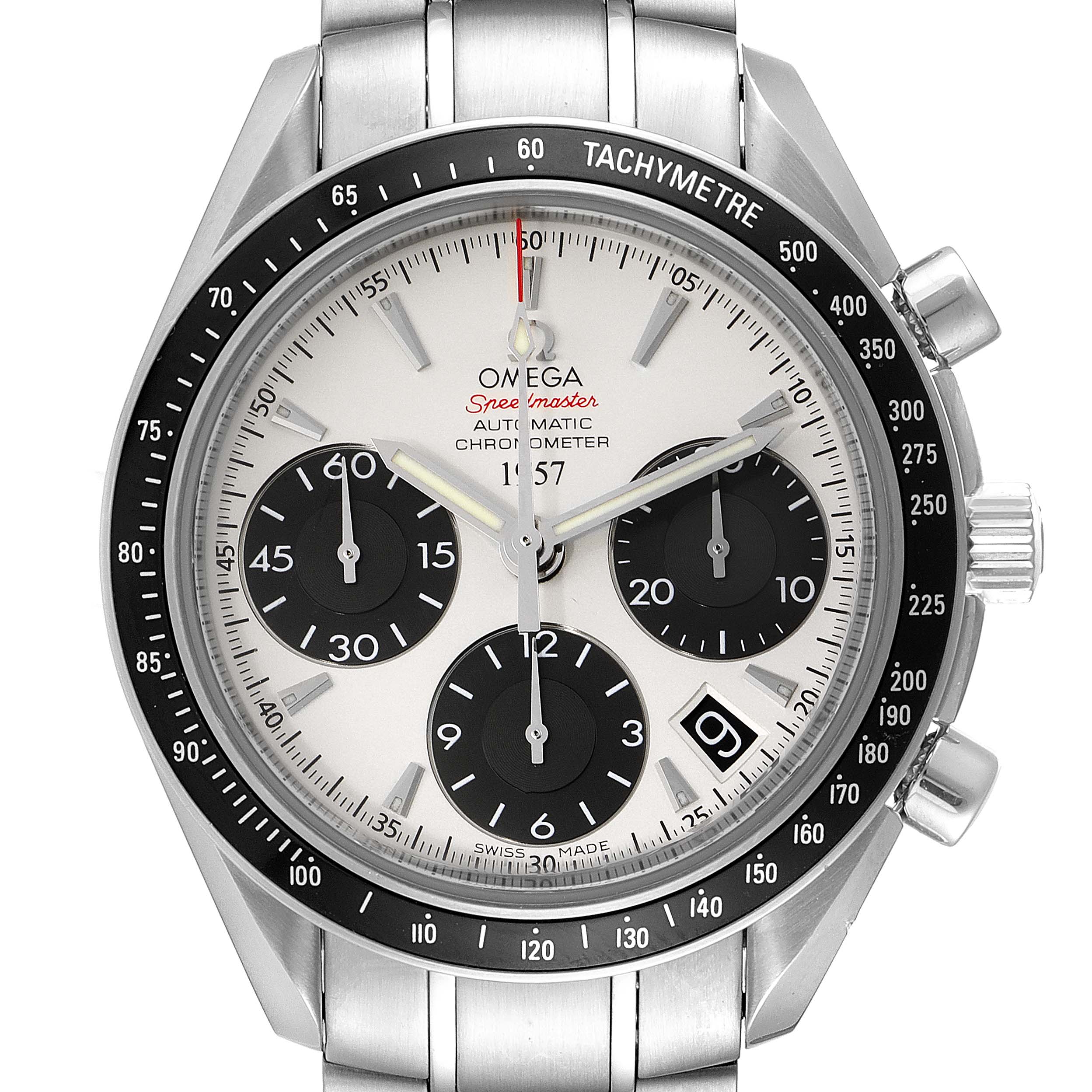 This image shows a front view of an Omega Speedmaster 323.30.40.40.02.001 Men
s Stainless Steel White Dial 323.30.40.40.02.001 Men
s Stainless Steel White Dial watch, displaying its dial, tachymeter, and chronometer features.