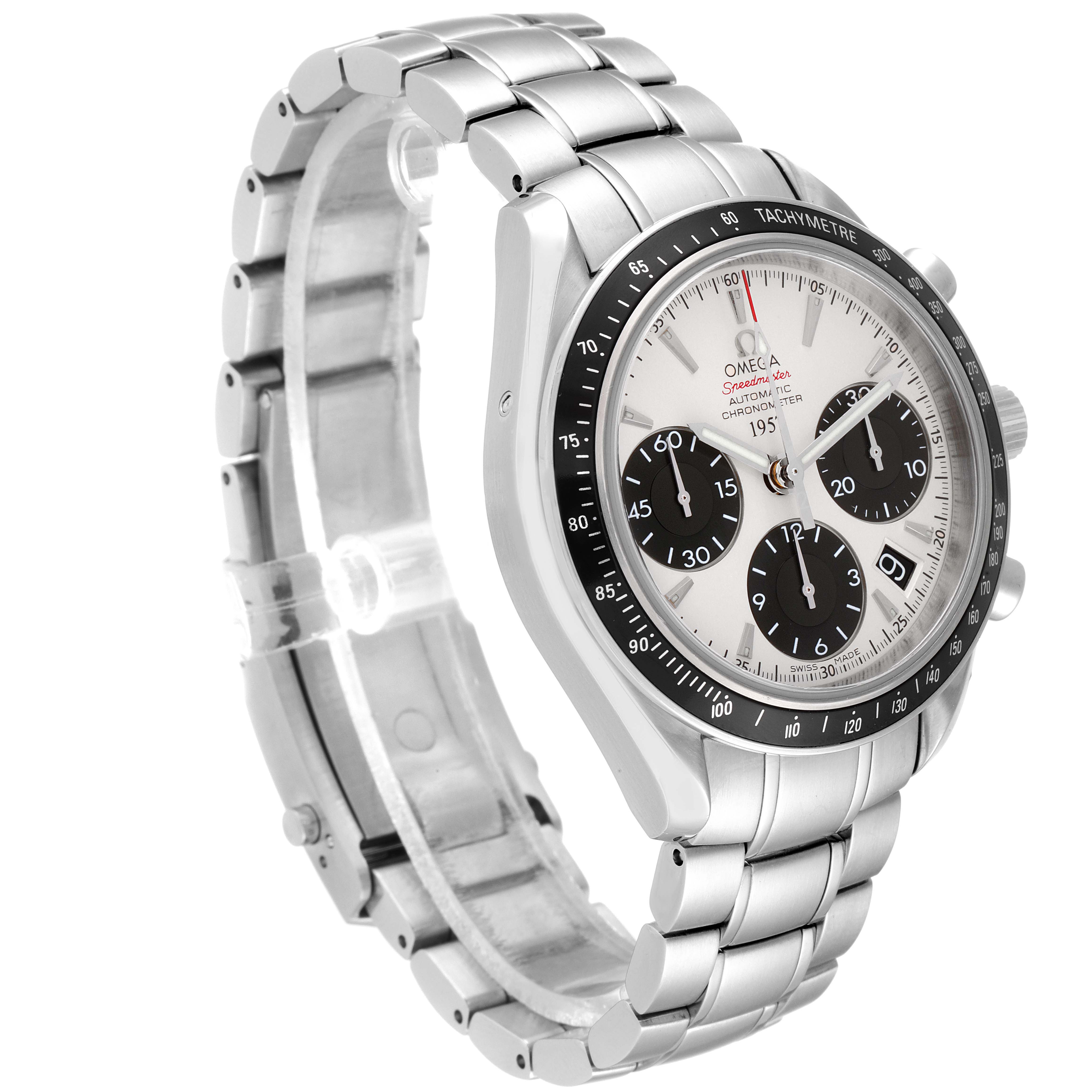 The image shows an Omega Speedmaster 323.30.40.40.02.001 Men
s Stainless Steel White Dial 323.30.40.40.02.001 Men
s Stainless Steel White Dial watch from an angled side view, highlighting its bracelet, case, and tachymeter bezel.