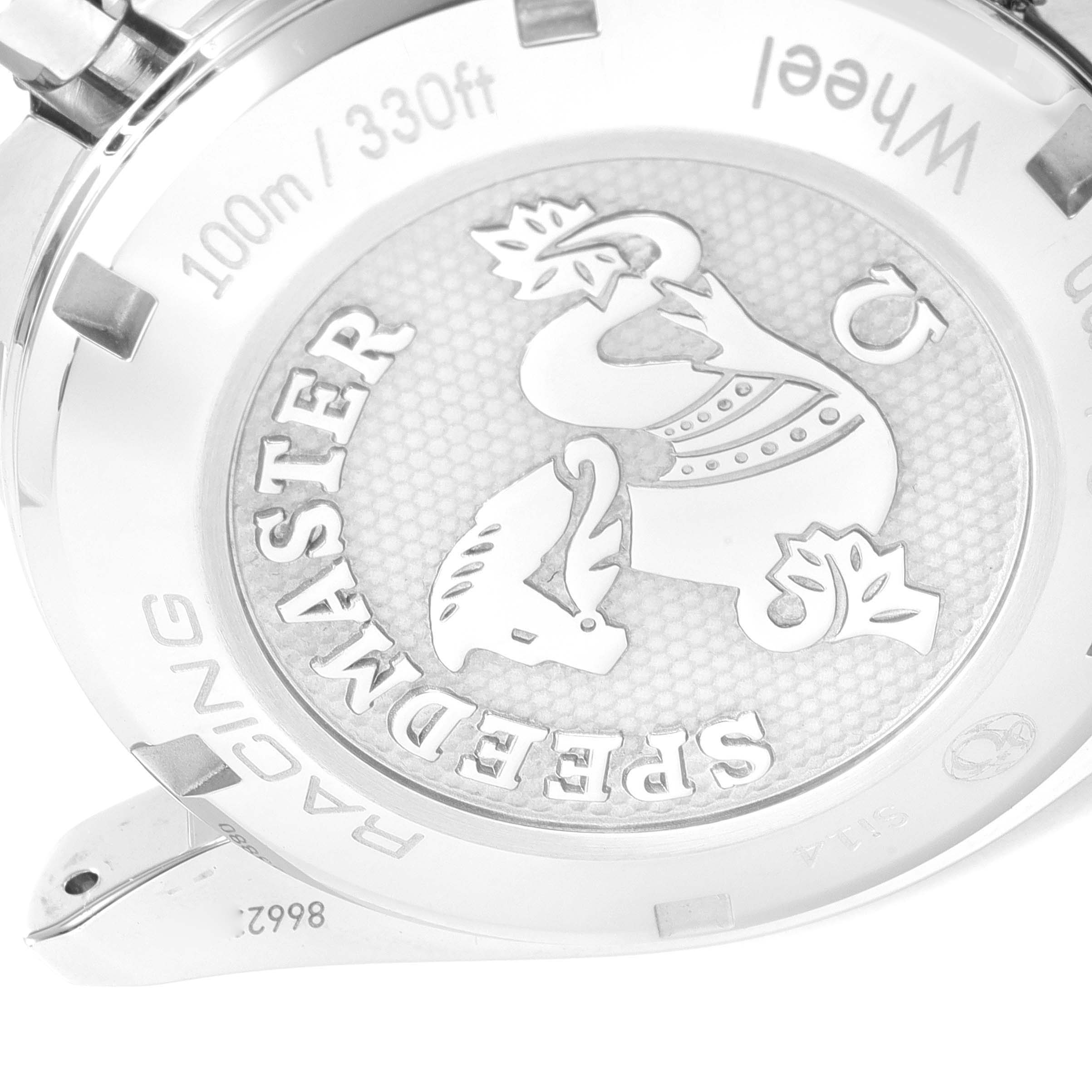 The image shows the case back of an Omega Speedmaster 326.30.40.50.04.001 Men
s Stainless Steel White Dial 326.30.40.50.04.001 Men
s Stainless Steel White Dial watch with the "Speedmaster" engraving and emblem at an oblique angle.