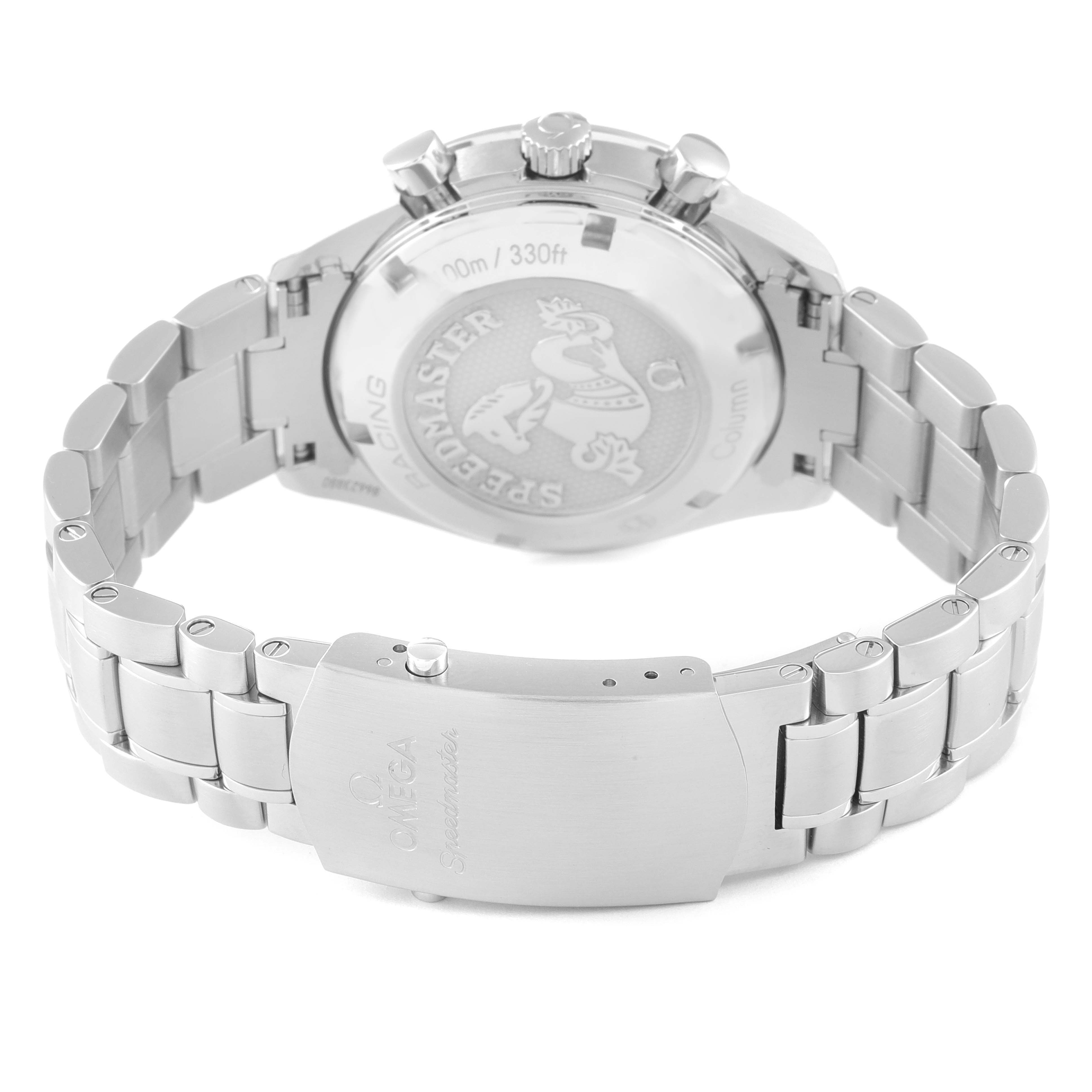The image shows the back case, bracelet, and clasp of an Omega Speedmaster 326.30.40.50.04.001 Men
s Stainless Steel White Dial 326.30.40.50.04.001 Men
s Stainless Steel White Dial watch from a rear angle.