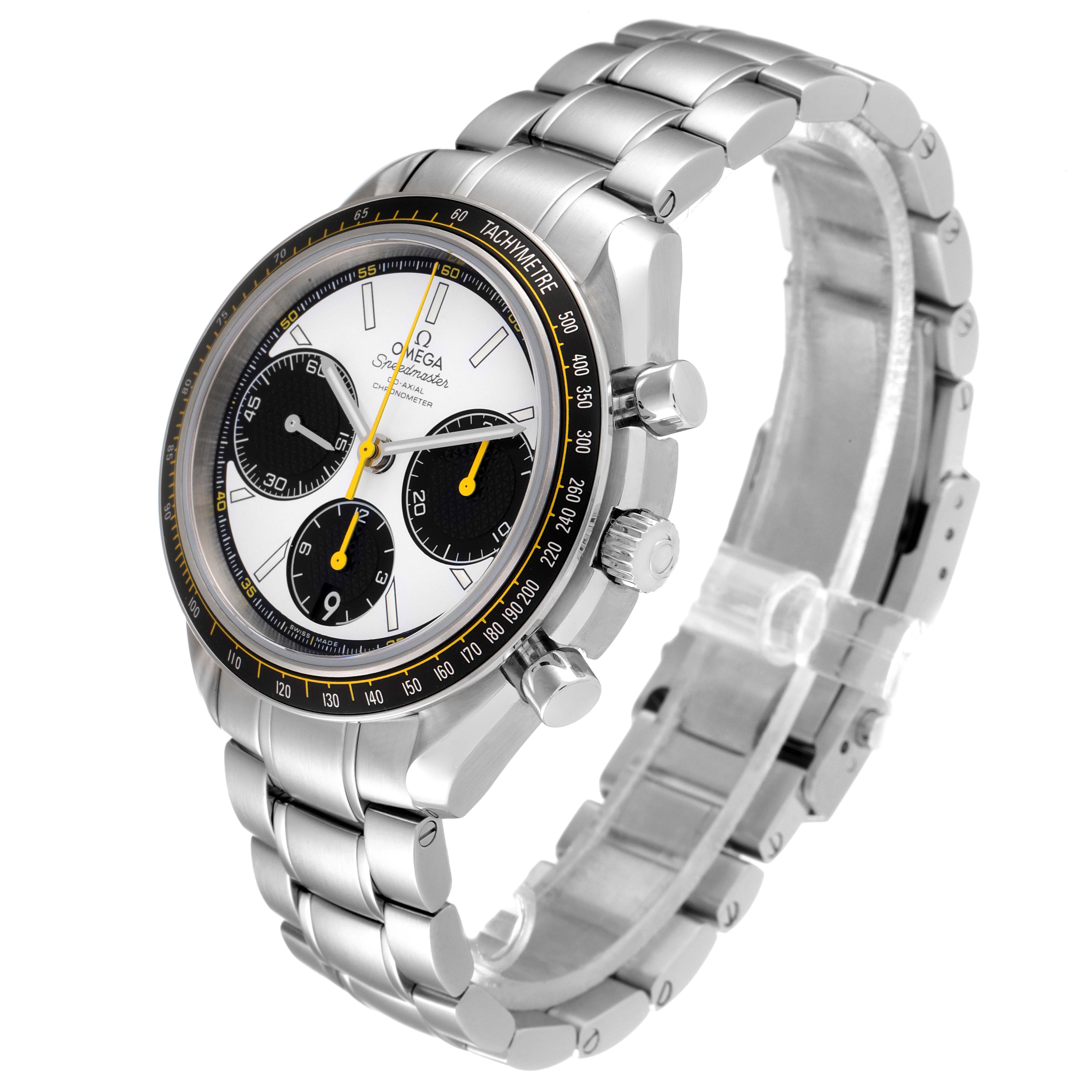 The Omega Speedmaster 326.30.40.50.04.001 Men
s Stainless Steel White Dial 326.30.40.50.04.001 Men
s Stainless Steel White Dial watch is shown from a three-quarter view, displaying the case, dial, bezel, and bracelet.