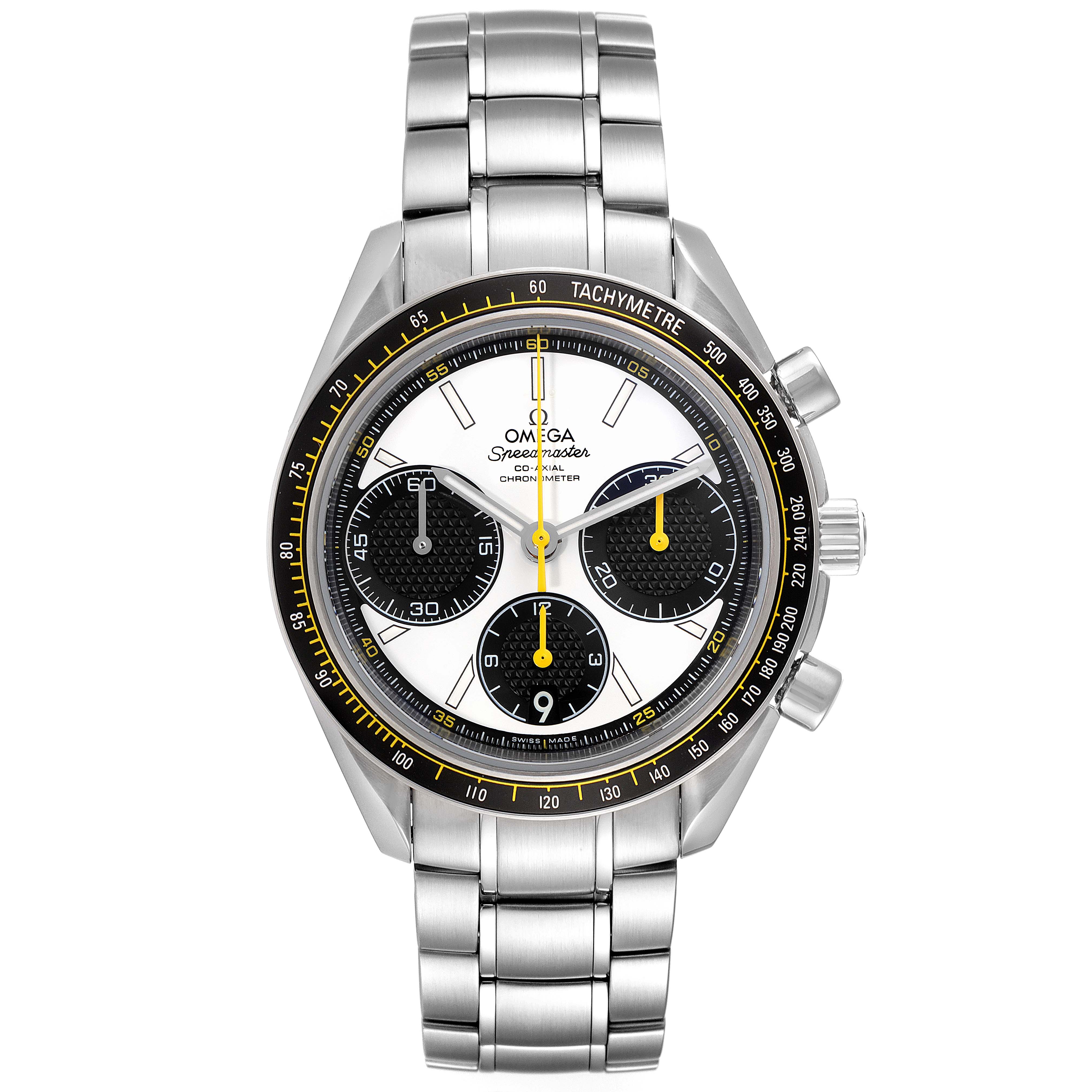 The image shows the front view of an Omega Speedmaster 326.30.40.50.04.001 Men
s Stainless Steel White Dial 326.30.40.50.04.001 Men
s Stainless Steel White Dial watch, highlighting its dial, subdials, and bracelet.