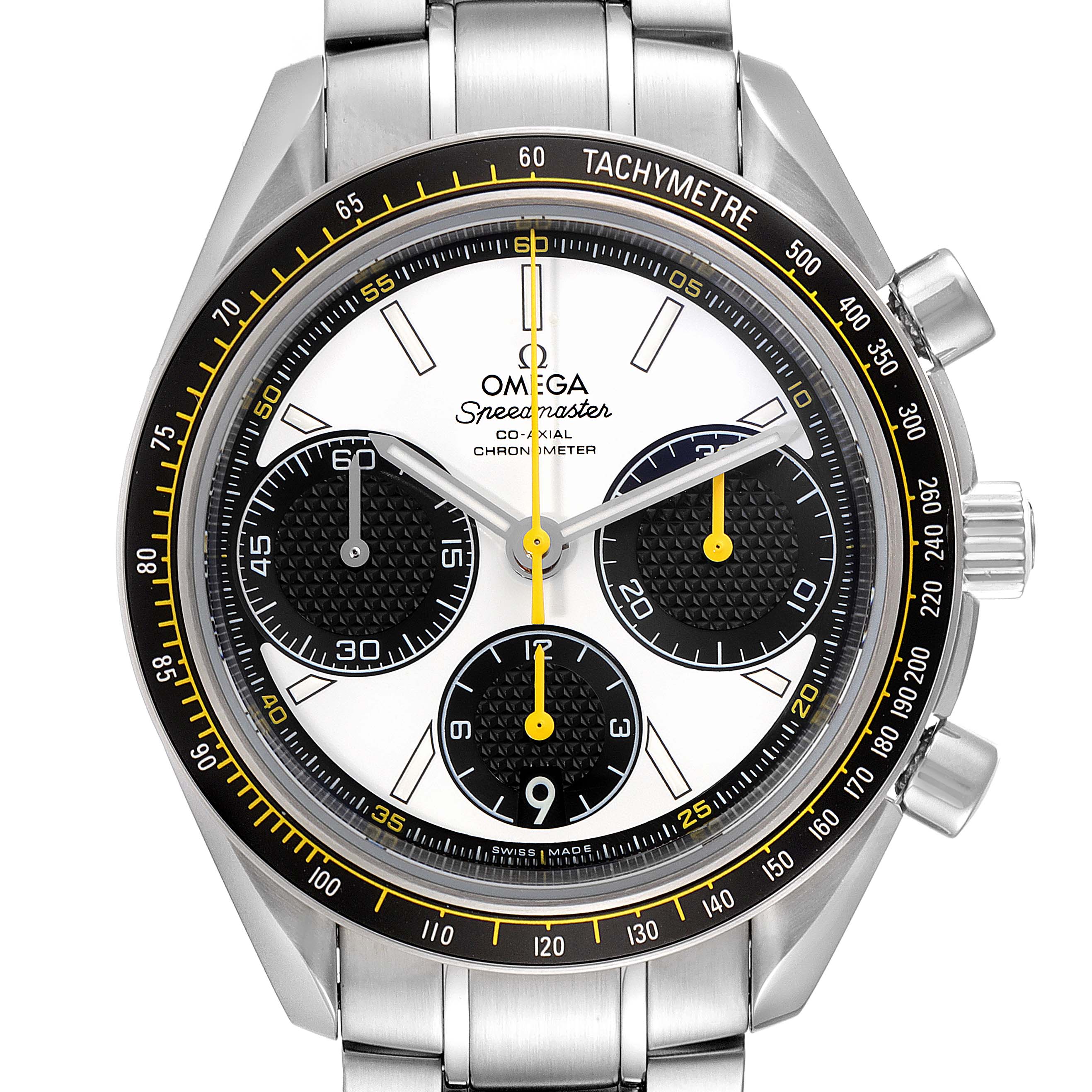 Front view of the Omega Speedmaster 326.30.40.50.04.001 Men
s Stainless Steel White Dial 326.30.40.50.04.001 Men
s Stainless Steel White Dial watch showing the dial, subdials, tachymeter, and part of the bracelet.