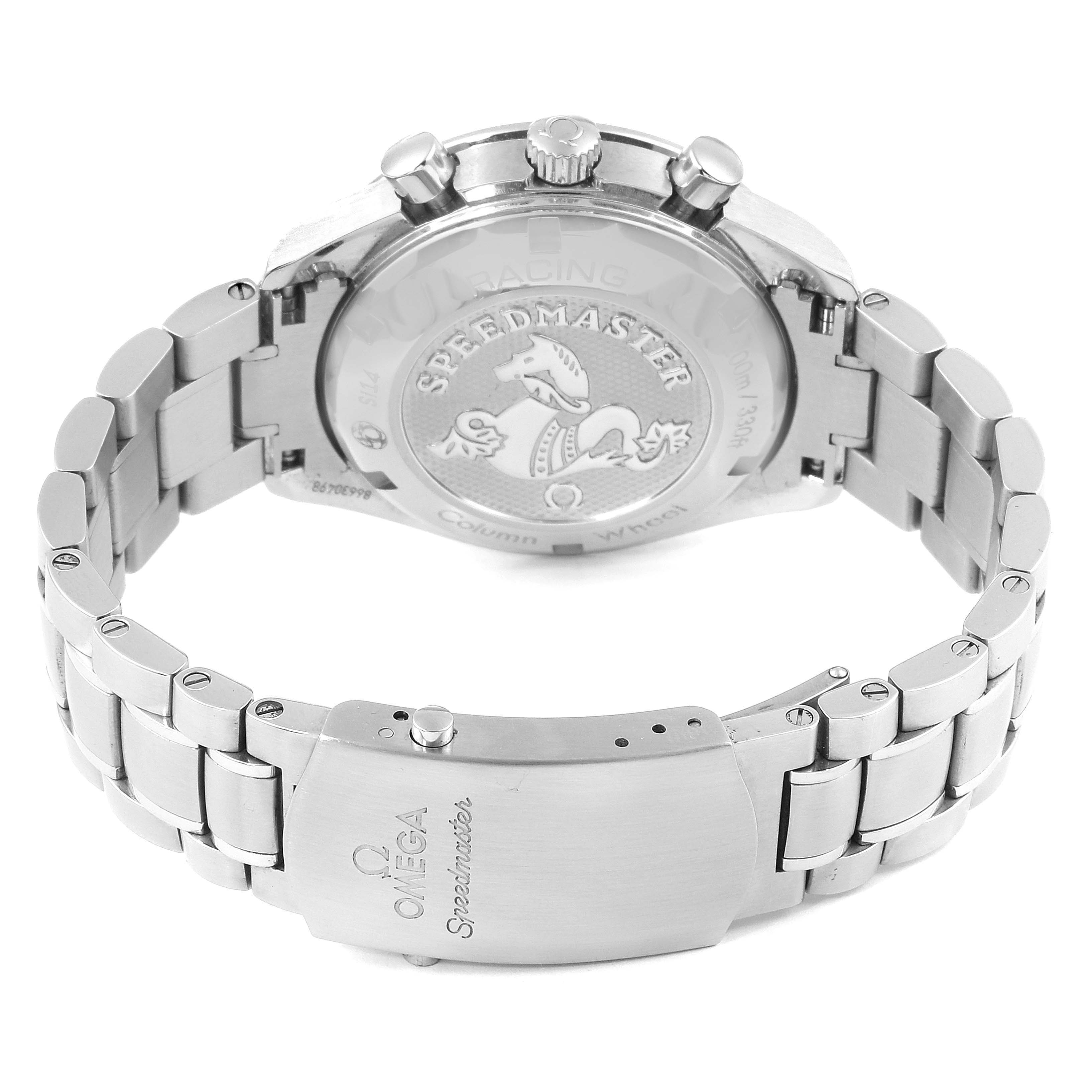 The image shows the back case and bracelet clasp of an Omega Speedmaster 326.30.40.50.11.001 Men's Stainless Steel Red Dial 326.30.40.50.11.001 Men's Stainless Steel Red Dial watch, displaying the engraved details and logo.