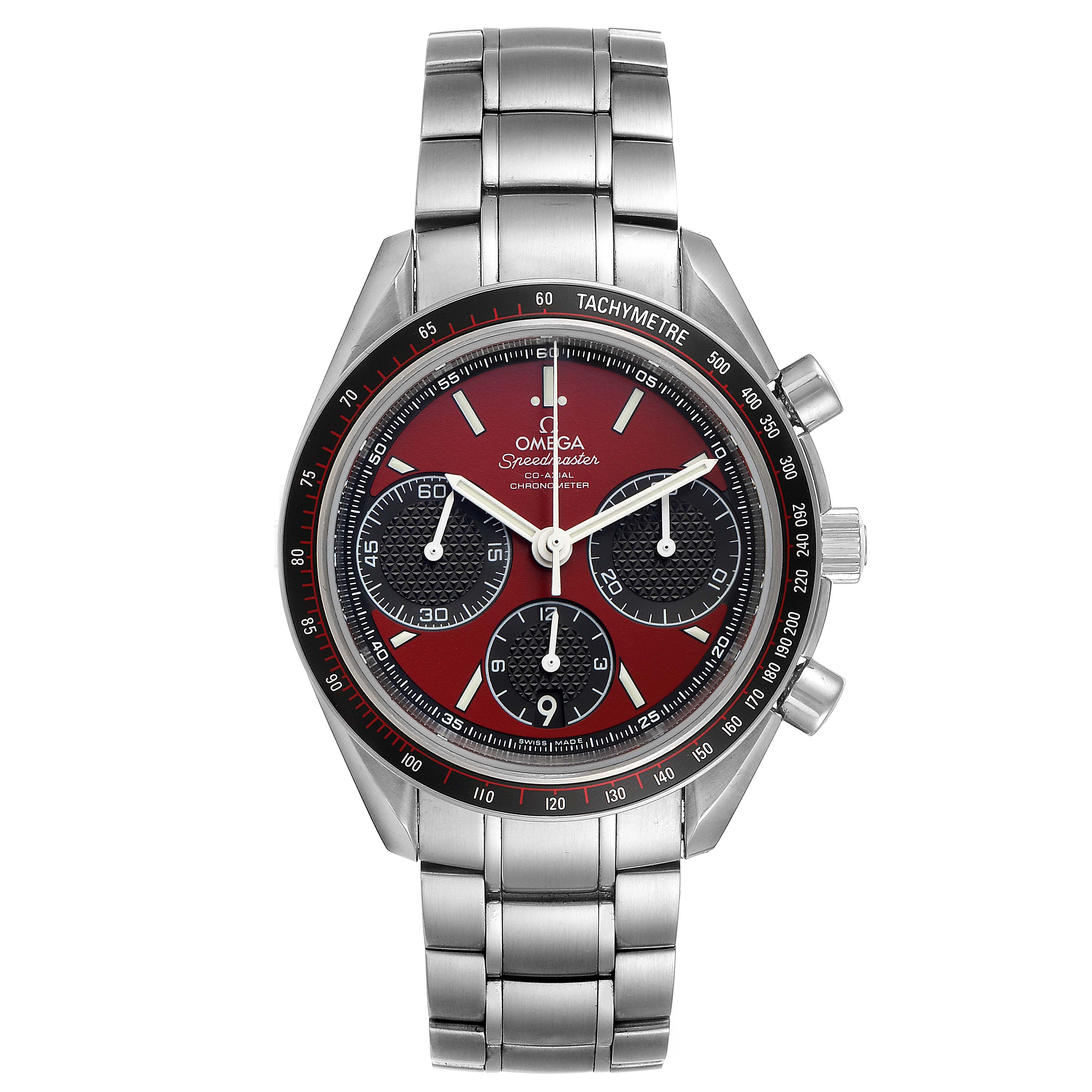 This Omega Speedmaster 326.30.40.50.11.001 Men's Stainless Steel Red Dial 326.30.40.50.11.001 Men's Stainless Steel Red Dial watch is shown from the front, displaying the face, bezel, and bracelet.