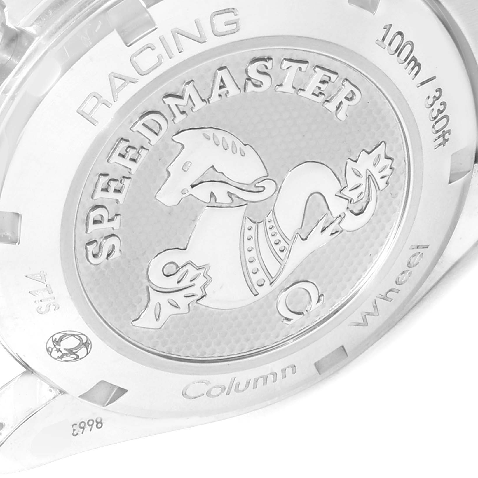 This image shows the engraved case back of an Omega Speedmaster 326.30.40.50.11.001 Men's Stainless Steel Red Dial 326.30.40.50.11.001 Men's Stainless Steel Red Dial Racing watch with various inscriptions.