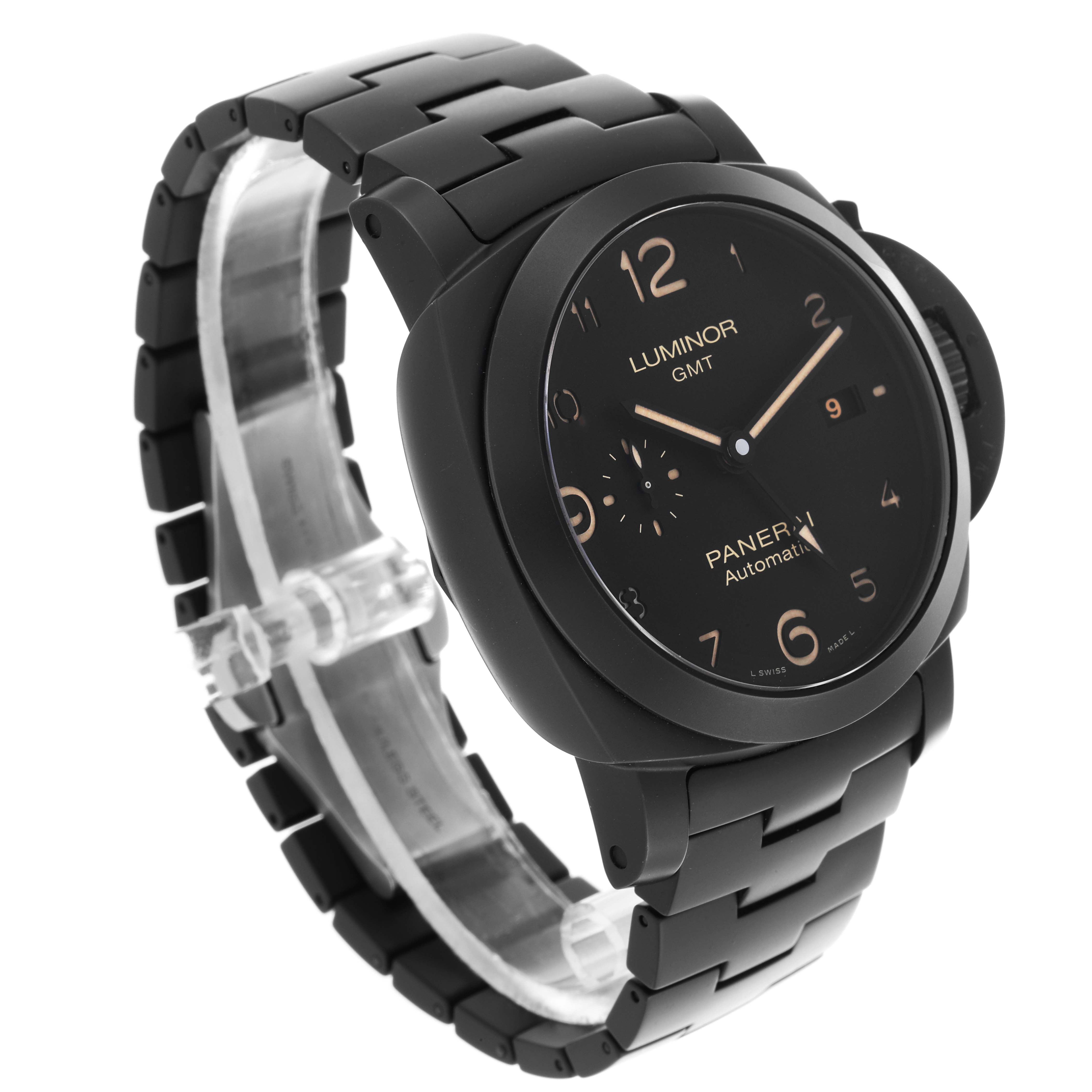 The Panerai Luminor PAM01438 Men
s Ceramic Black Dial PAM01438 Men
s Ceramic Black Dial watch is shown at an angled side view highlighting the face, bezel, and black metal bracelet.