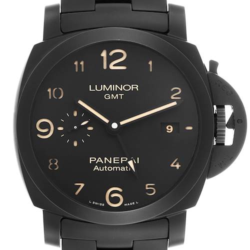 The Panerai Luminor watch is shown from a front angle, displaying the face, numerals, hands, and crown guard.