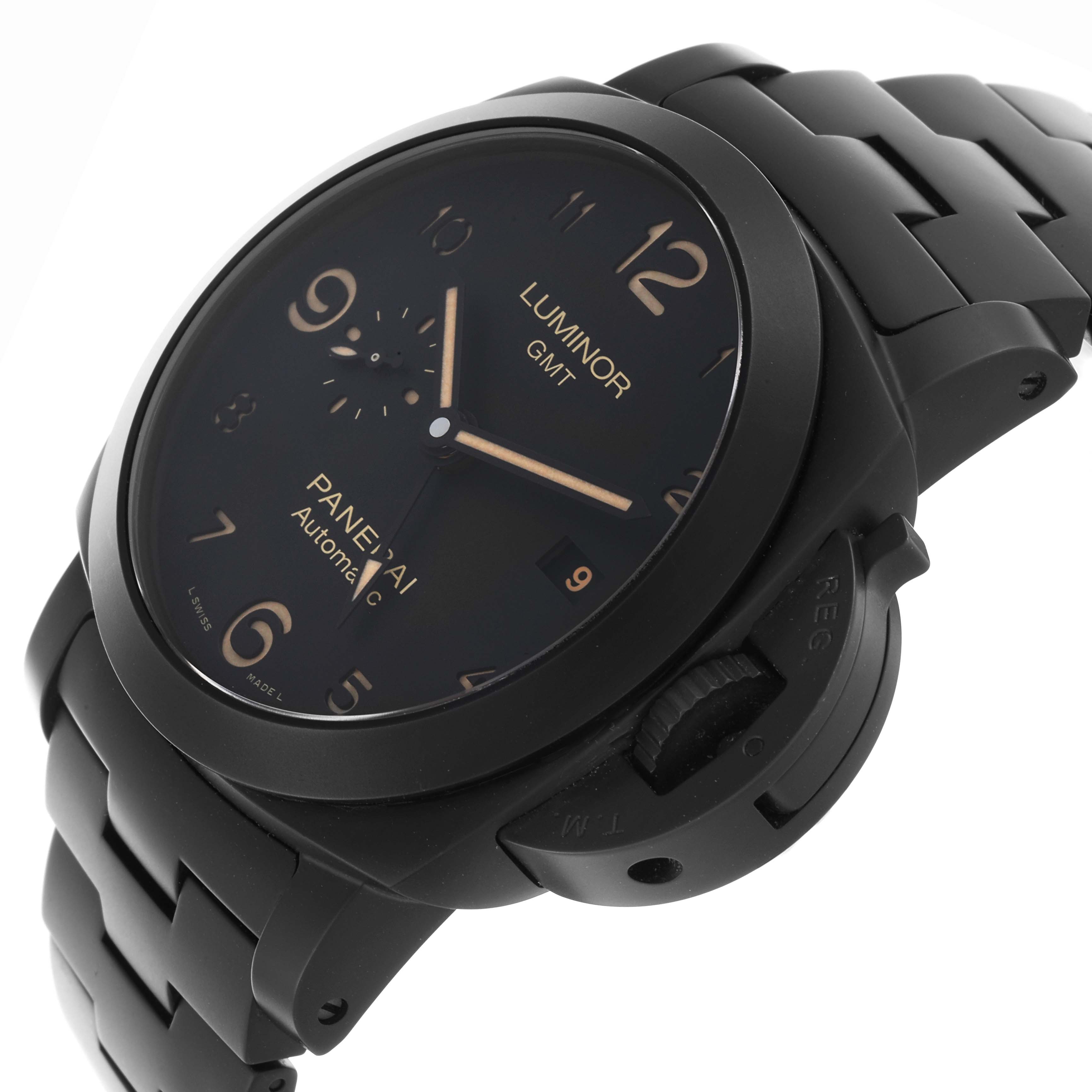 The Panerai Luminor PAM01438 Men
s Ceramic Black Dial PAM01438 Men
s Ceramic Black Dial watch is shown at an angle highlighting the face, crown guard, and bracelet.