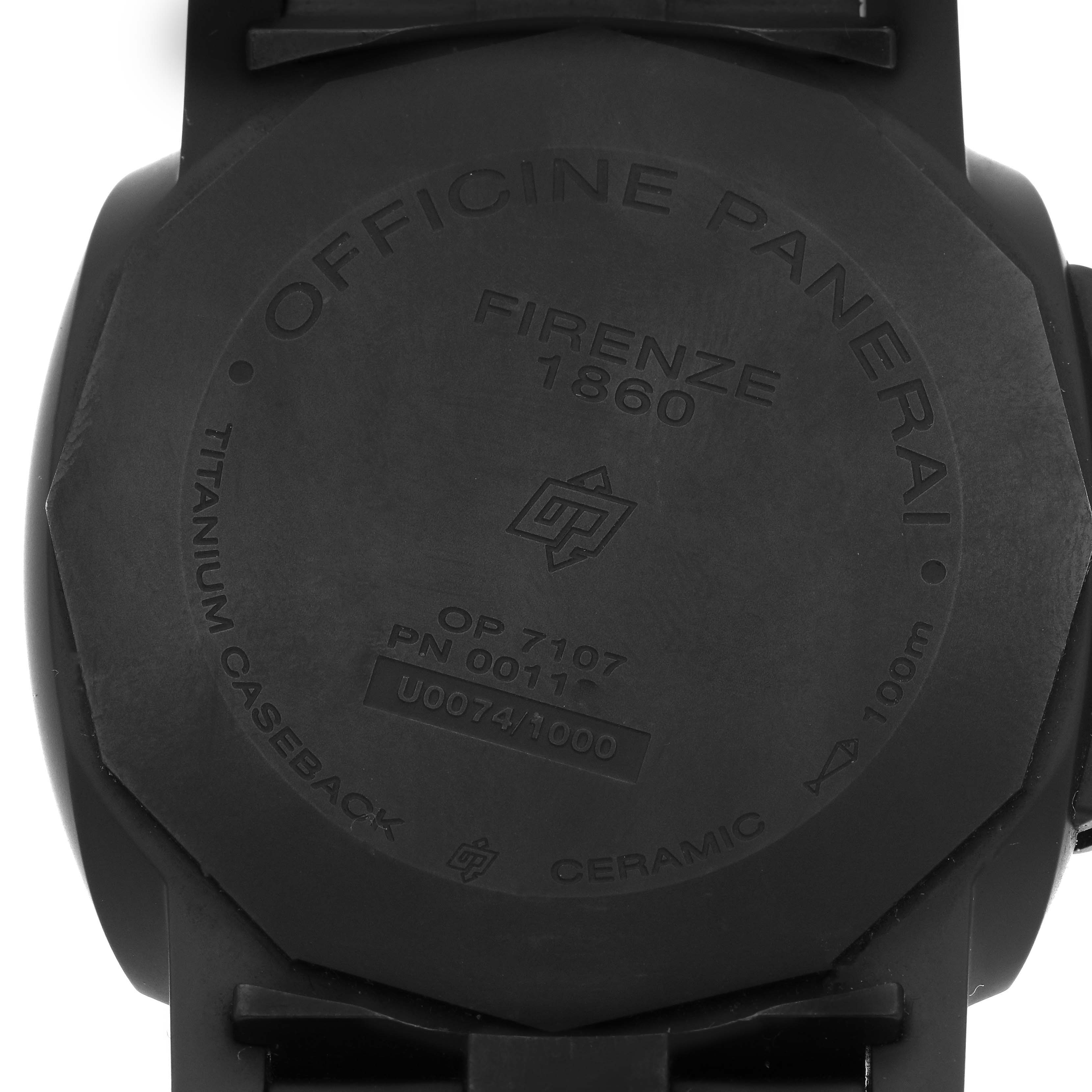 The image shows the back case of a Panerai Luminor PAM01438 Men
s Ceramic Black Dial PAM01438 Men
s Ceramic Black Dial watch, highlighting its titanium caseback and engravings.