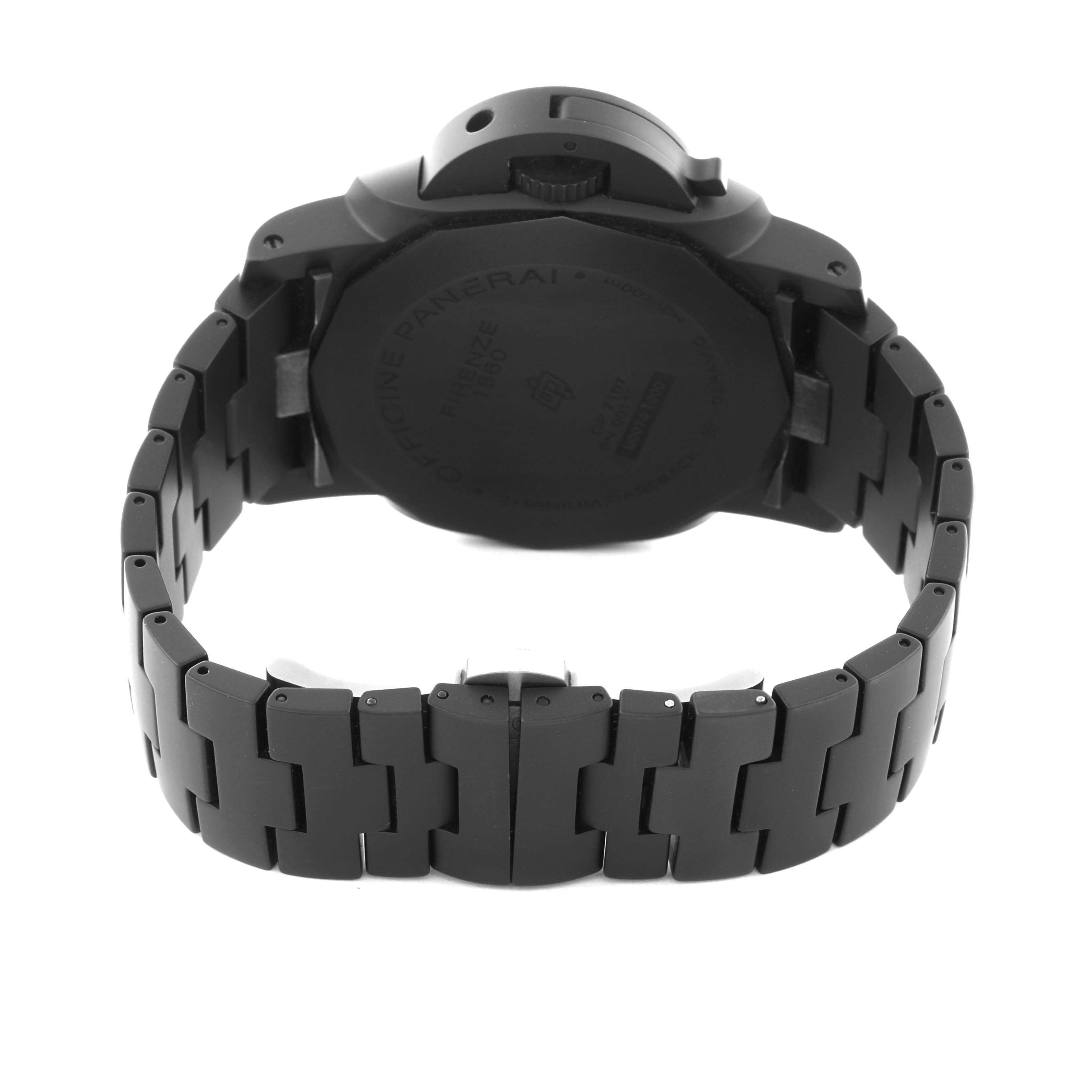 The image shows the back and bracelet of a Panerai Luminor PAM01438 Men
s Ceramic Black Dial PAM01438 Men
s Ceramic Black Dial watch from a rear angle.