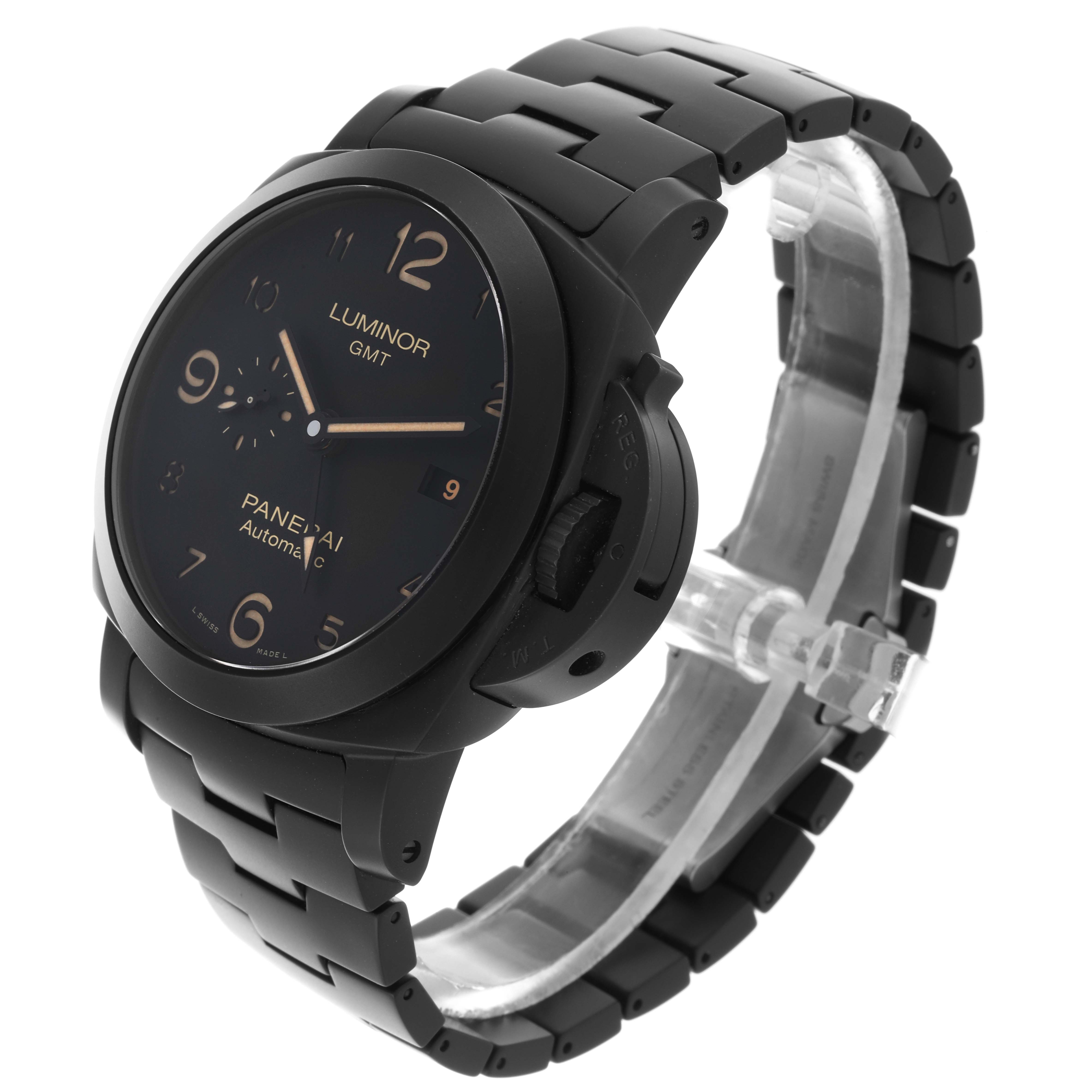 The Panerai Luminor PAM01438 Men
s Ceramic Black Dial PAM01438 Men
s Ceramic Black Dial model is shown at a slight side angle, displaying the face, bezel, crown guard, and bracelet.