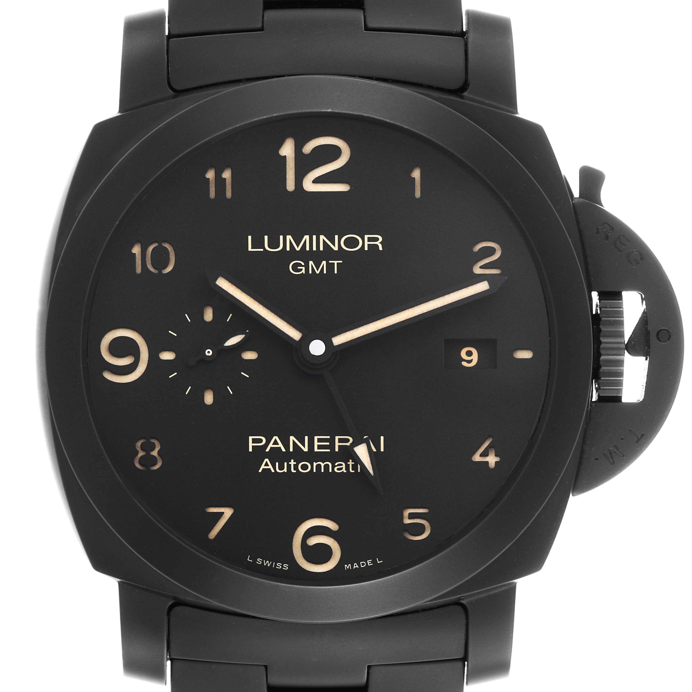 The Panerai Luminor PAM01438 Men
s Ceramic Black Dial PAM01438 Men
s Ceramic Black Dial watch is shown from the front, displaying the face, bezel, and crown guard.
