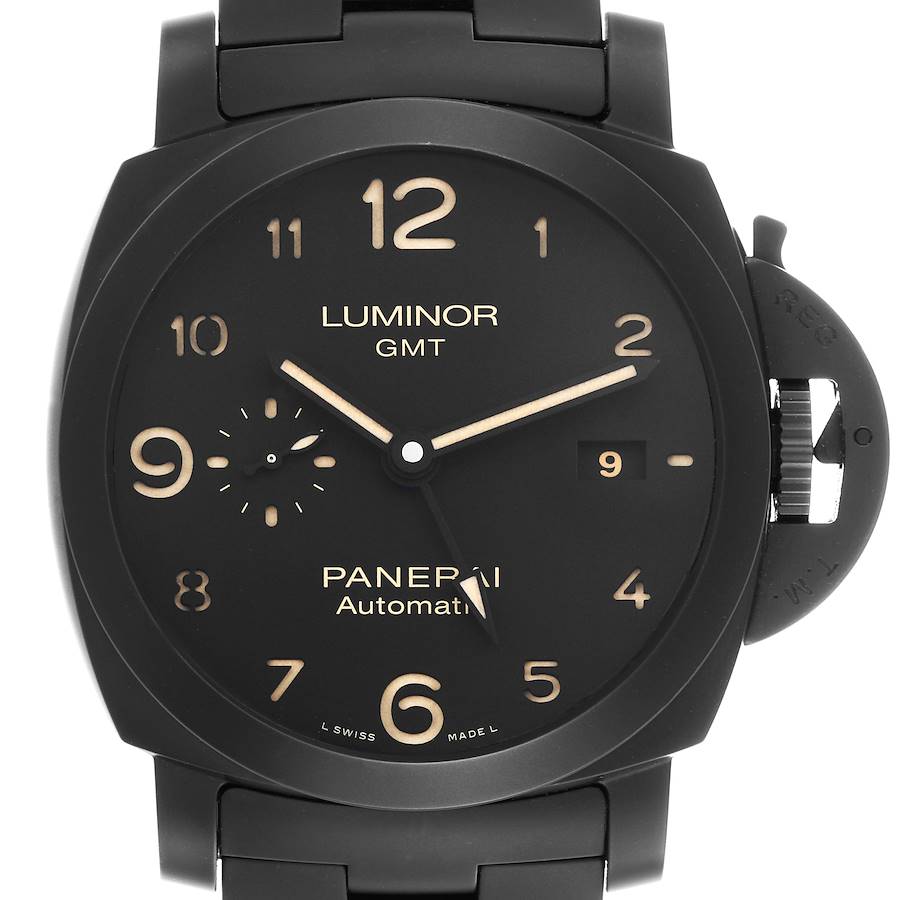 The Panerai Luminor watch is shown from the front, displaying the face, bezel, and crown guard.