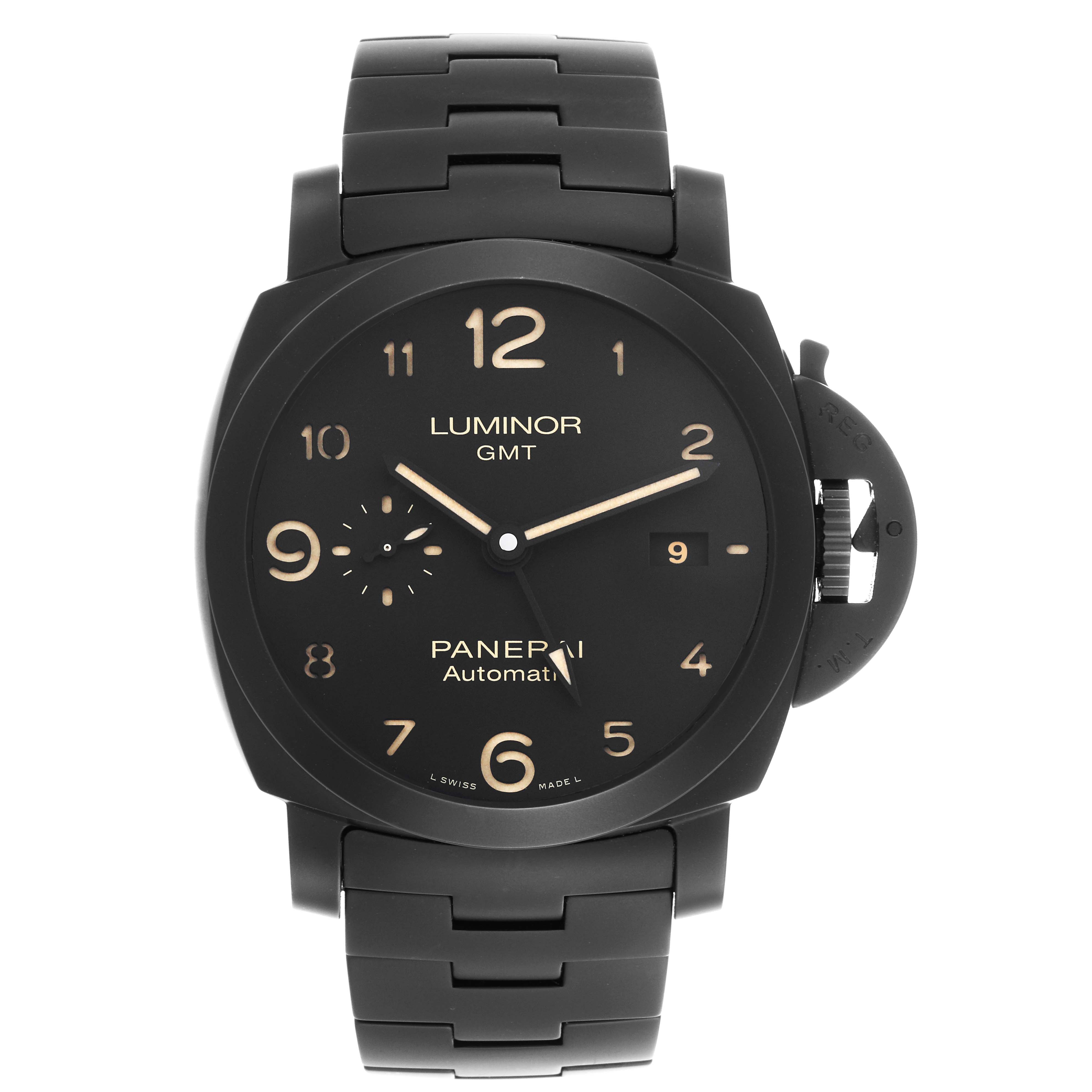 The Panerai Luminor PAM01438 Men
s Ceramic Black Dial PAM01438 Men
s Ceramic Black Dial watch is shown from the front, displaying the dial, numerals, and bracelet.