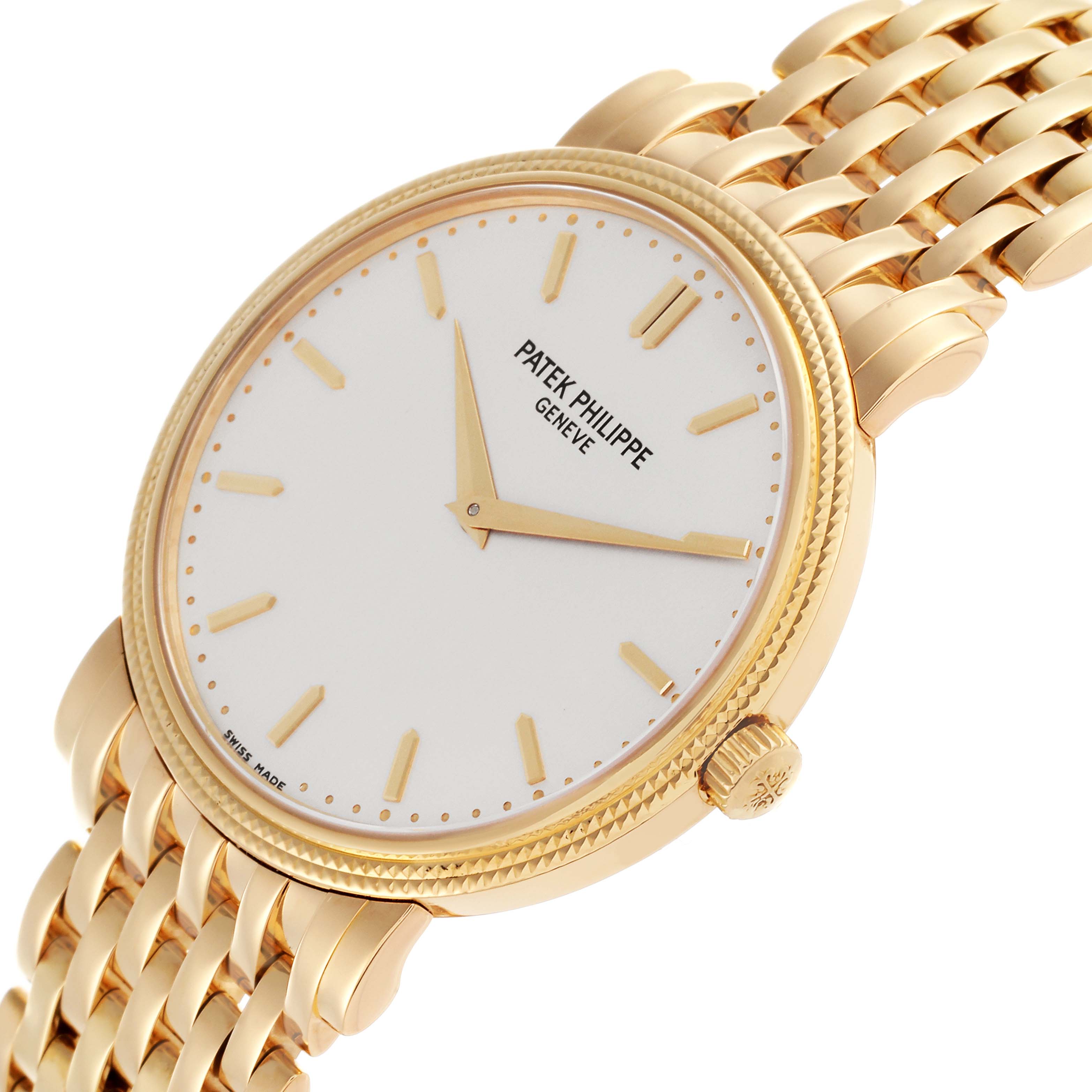 The Patek Philippe Calatrava 5120/1J-001 Men's Yellow Gold Silver Dial 5120/1J-001 Men's Yellow Gold Silver Dial watch is shown at an angled view featuring the face, bezel, crown, and part of the bracelet.