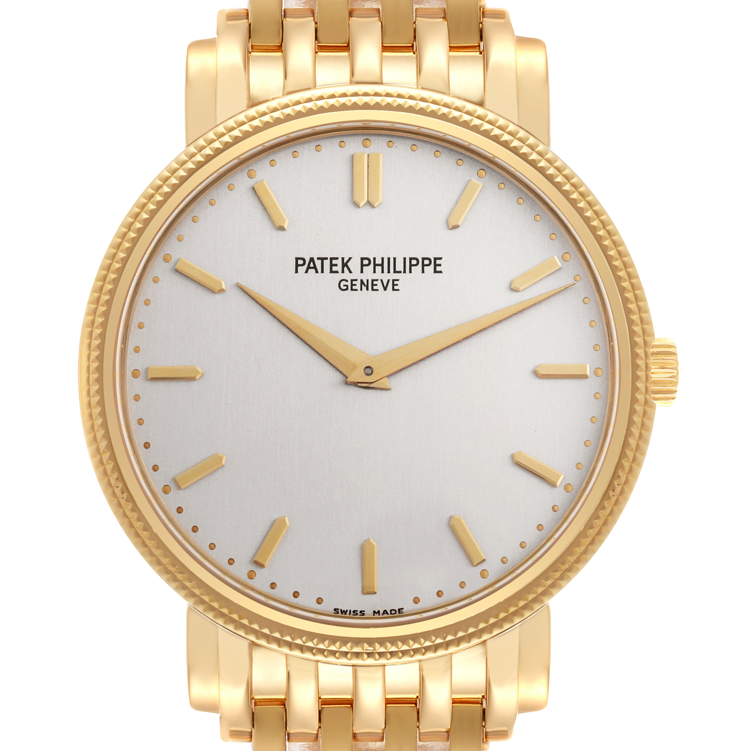 The Patek Philippe Calatrava 5120/1J-001 Men's Yellow Gold Silver Dial 5120/1J-001 Men's Yellow Gold Silver Dial watch is shown from a front angle, highlighting the dial, hands, and part of the bracelet.