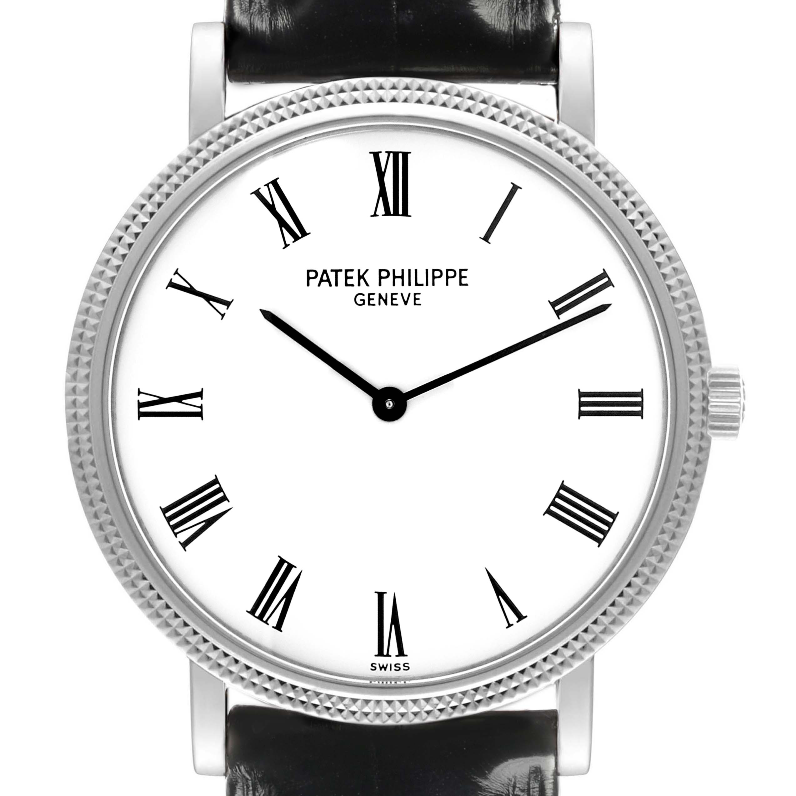 The Patek Philippe Calatrava 5120G Men's White Gold White Dial 5120G Men's White Gold White Dial watch is shown from a frontal angle, highlighting its dial, bezel, and crown.