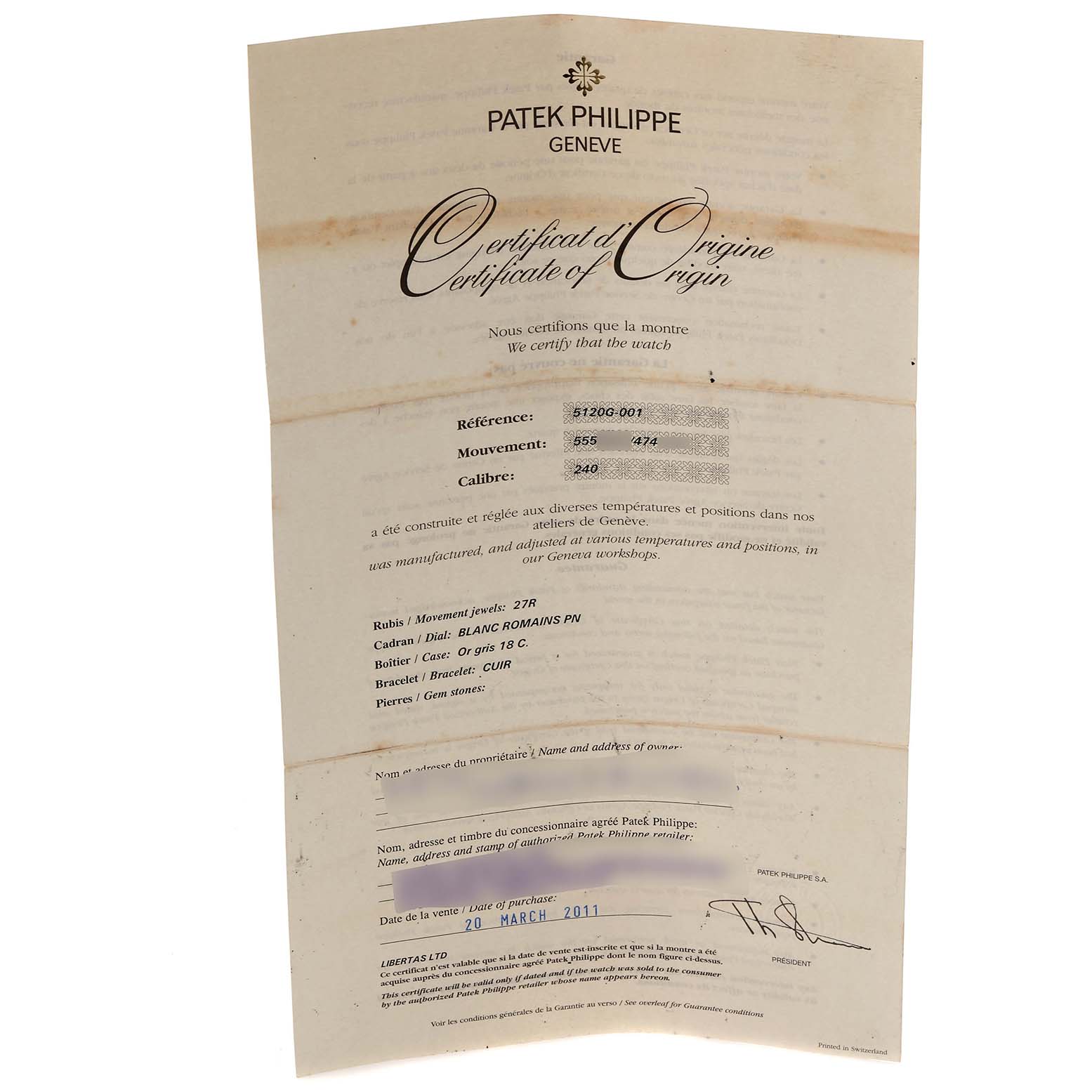 The image shows the Certificate of Origin for a Patek Philippe Calatrava 5120G Men's White Gold White Dial 5120G Men's White Gold White Dial watch, detailing its specifications and purchase date.