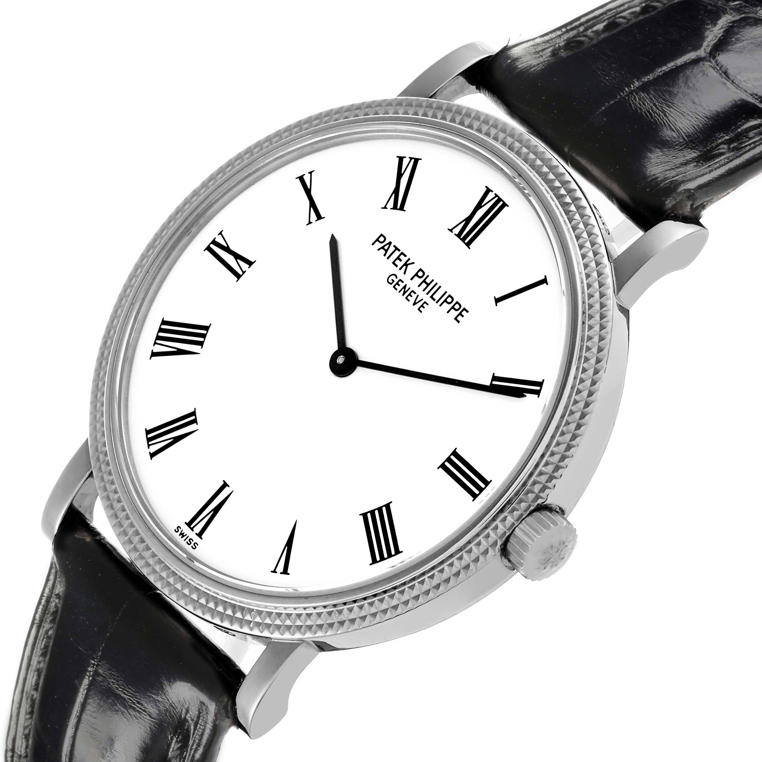 The Patek Philippe Calatrava 5120G Men's White Gold White Dial 5120G Men's White Gold White Dial watch is shown at an angled close-up, displaying its white dial, Roman numerals, and black strap.
