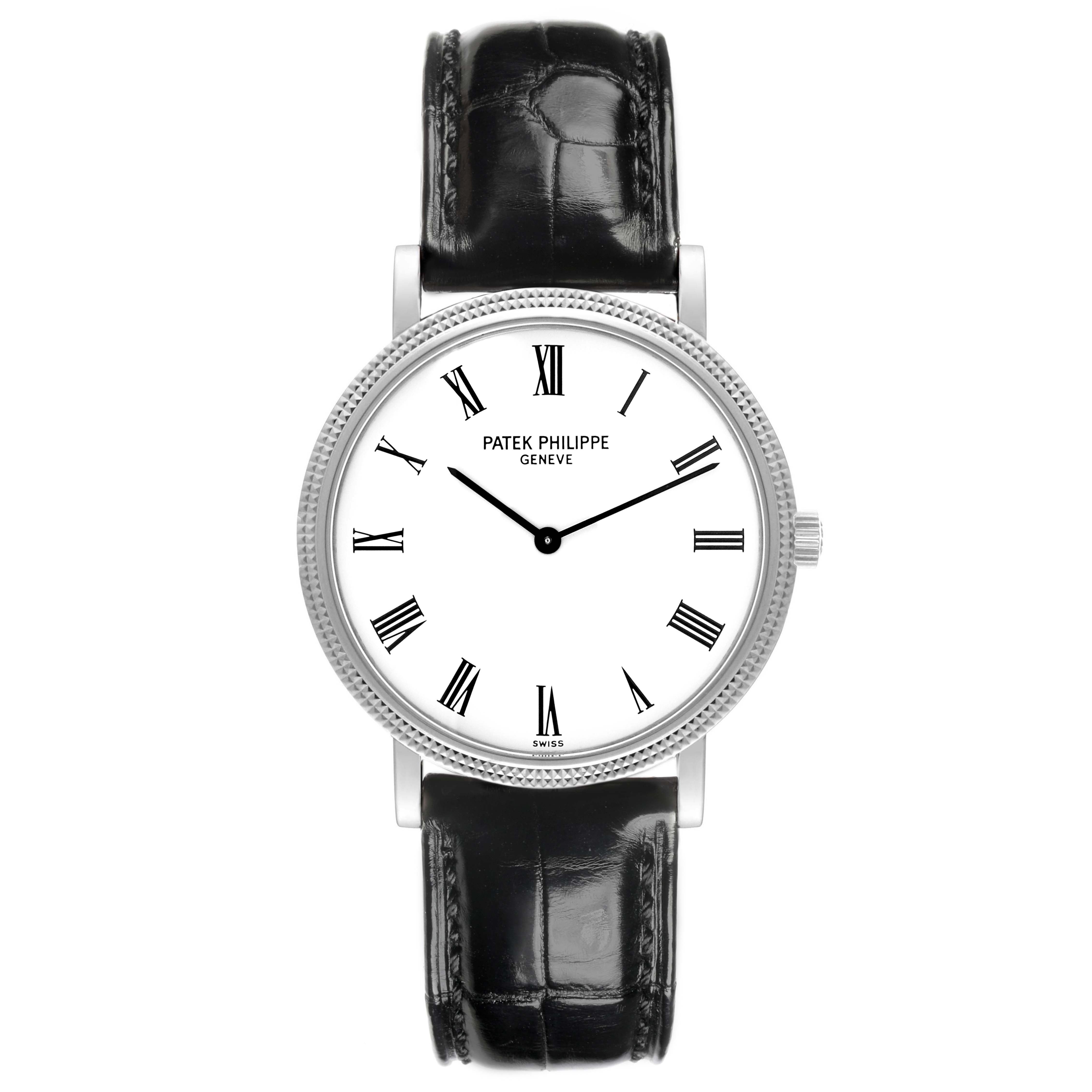 The Patek Philippe Calatrava 5120G Men's White Gold White Dial 5120G Men's White Gold White Dial watch is shown from a front angle, displaying its face, dial, and leather strap.