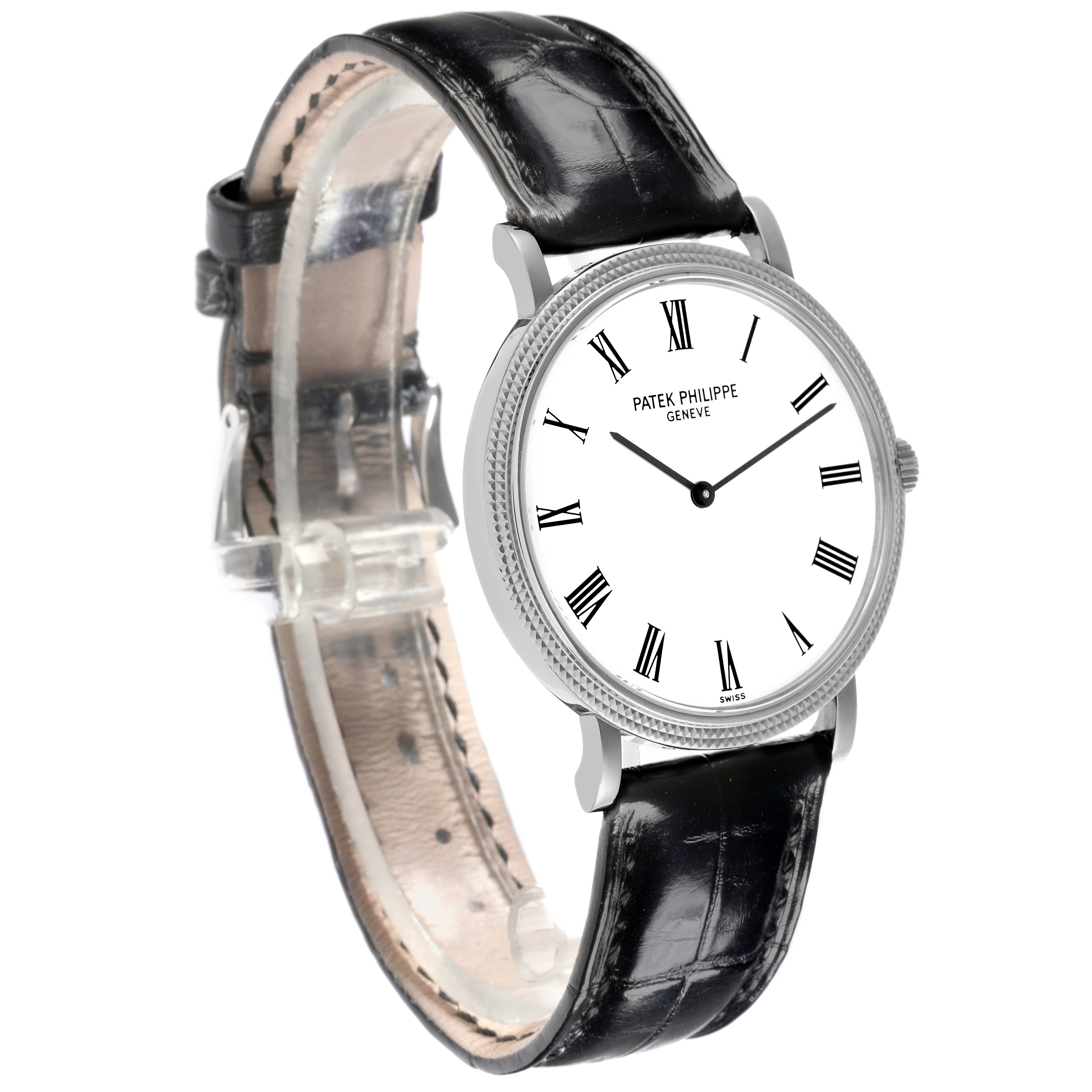 The Patek Philippe Calatrava 5120G Men's White Gold White Dial 5120G Men's White Gold White Dial watch is shown at an angled front view, highlighting the face, bezel, and leather strap.