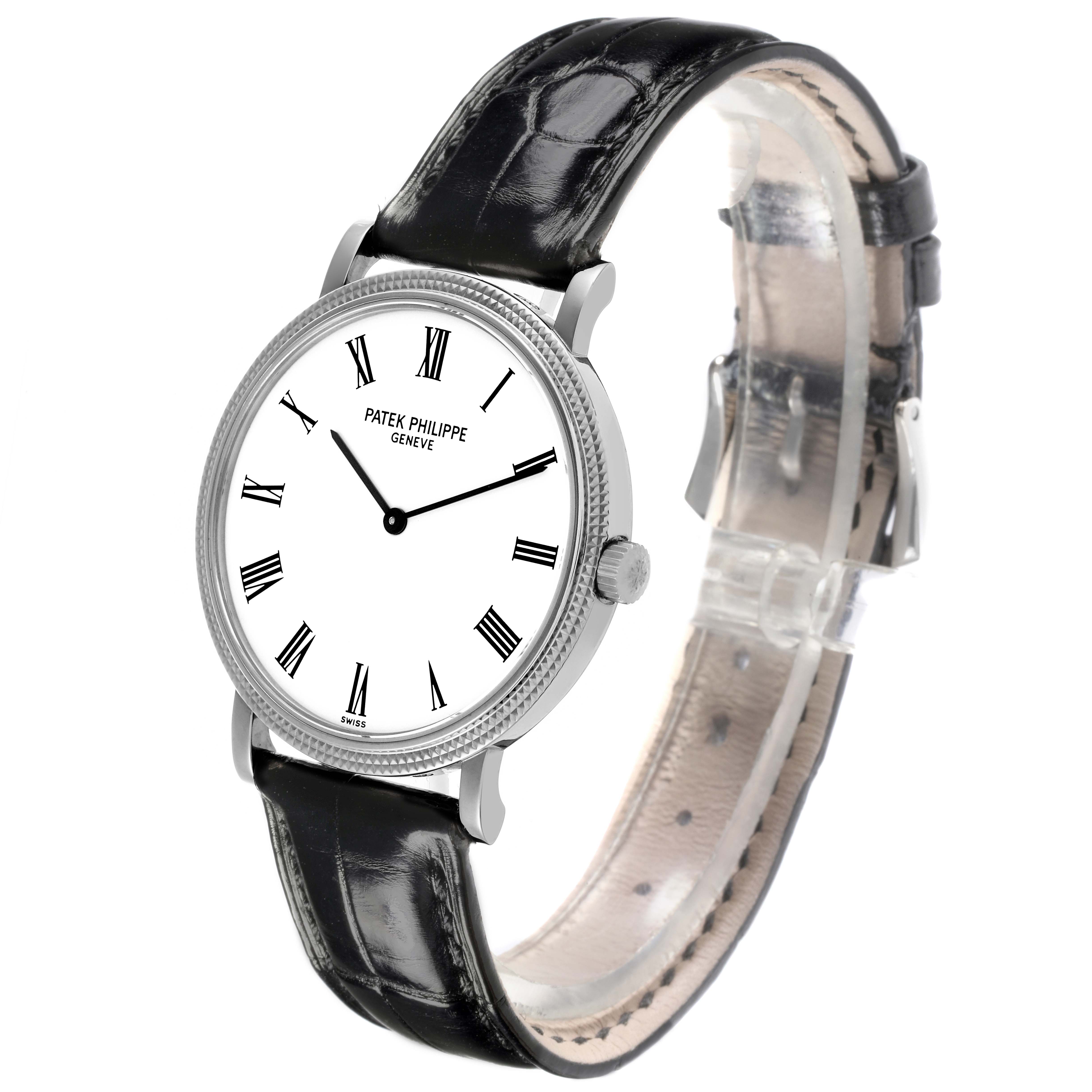The Patek Philippe Calatrava 5120G Men's White Gold White Dial 5120G Men's White Gold White Dial is shown at a three-quarter angle, highlighting the face, bezel, crown, and strap.